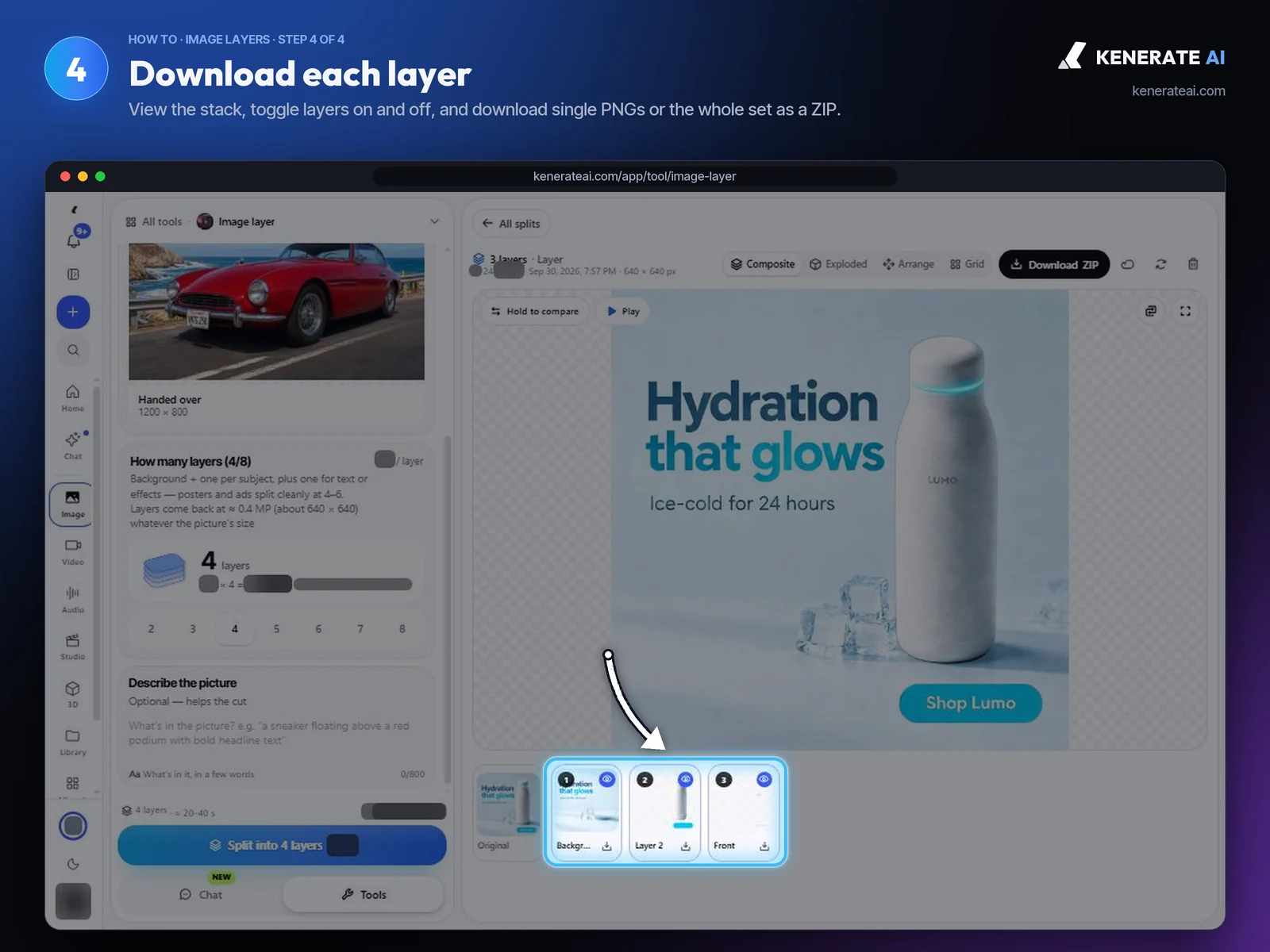 Kenerate AI Image Layer result showing a product ad split into background, bottle and front layers
