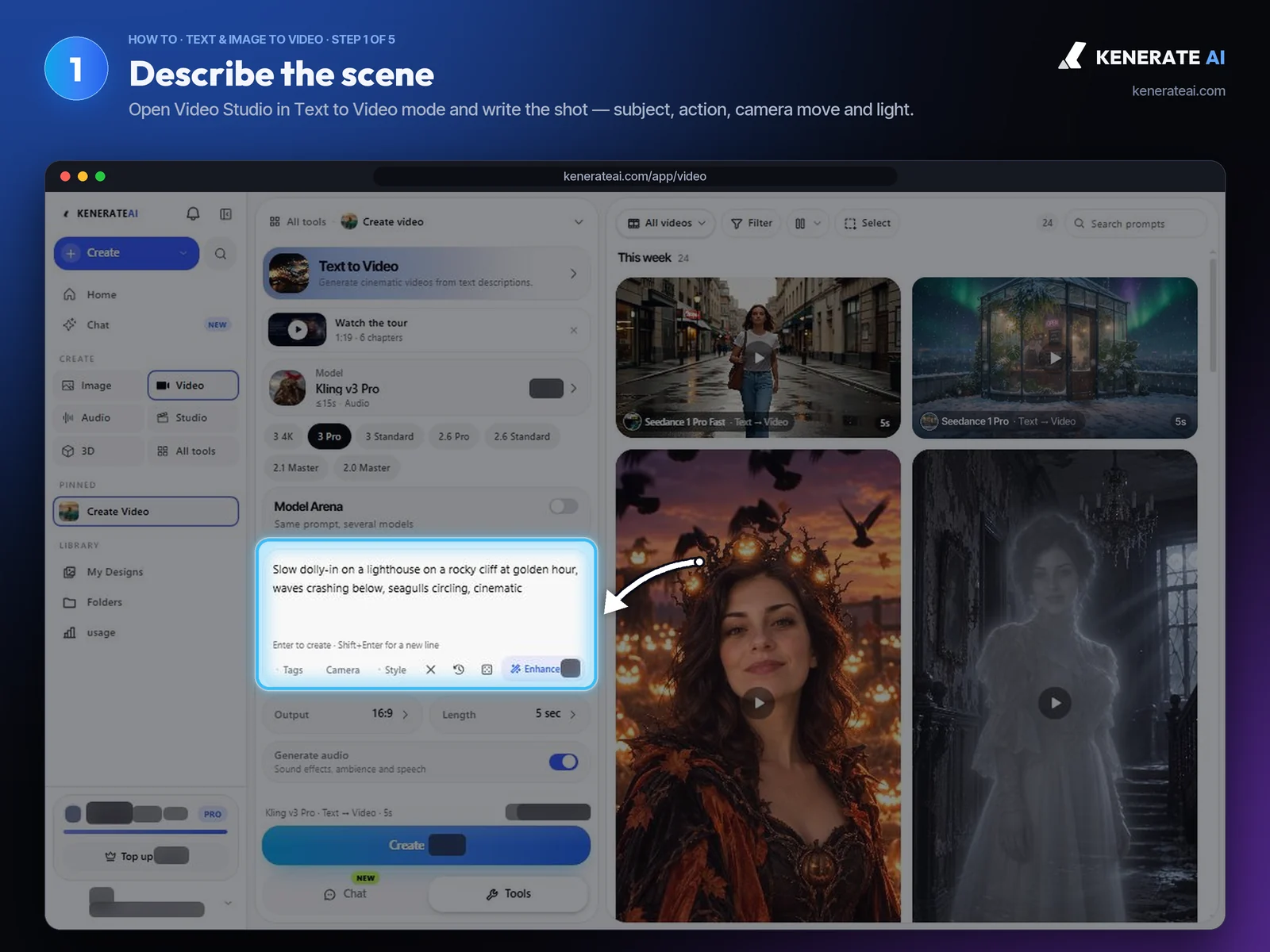 Kenerate AI Video Studio in Text to Video mode with a lighthouse scene prompt typed in