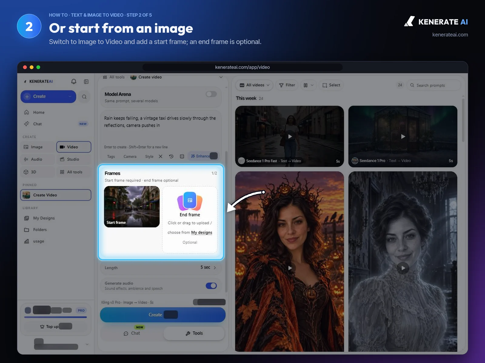 Kenerate AI Video Studio Image to Video mode with a rainy street photo as the start frame