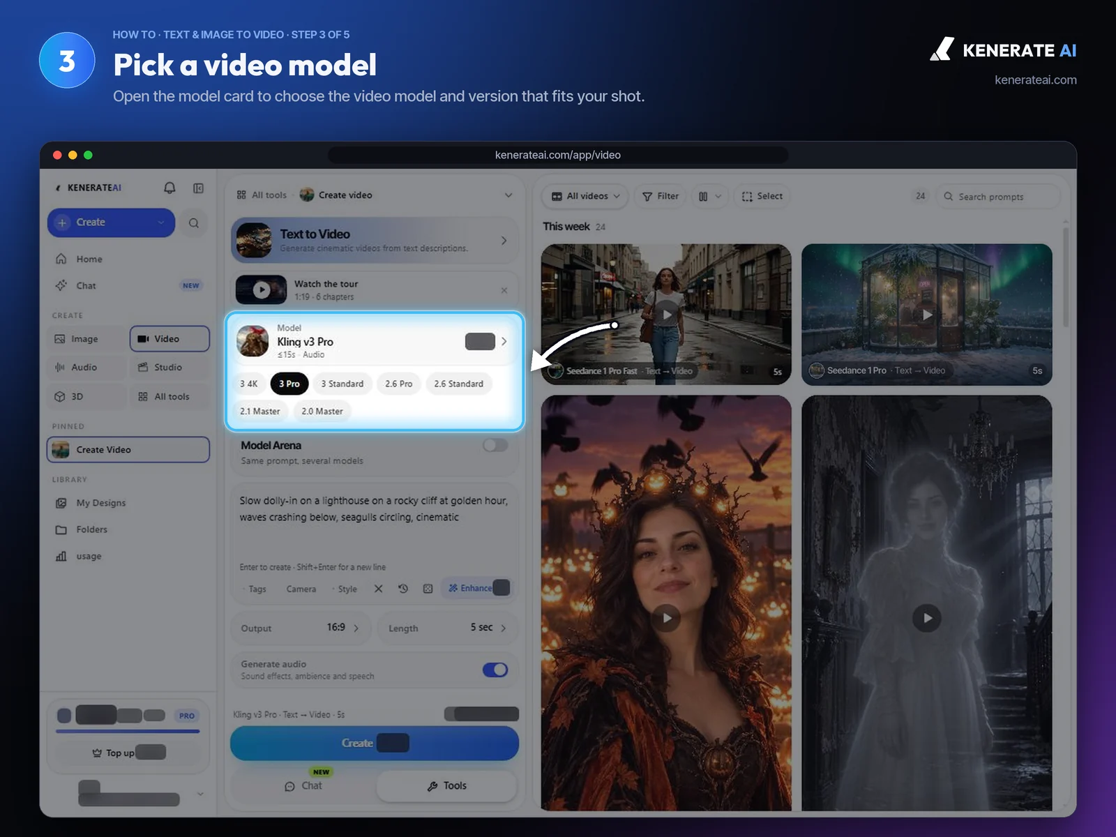 Kenerate AI Video Studio model card showing Kling v3 Pro with version chips