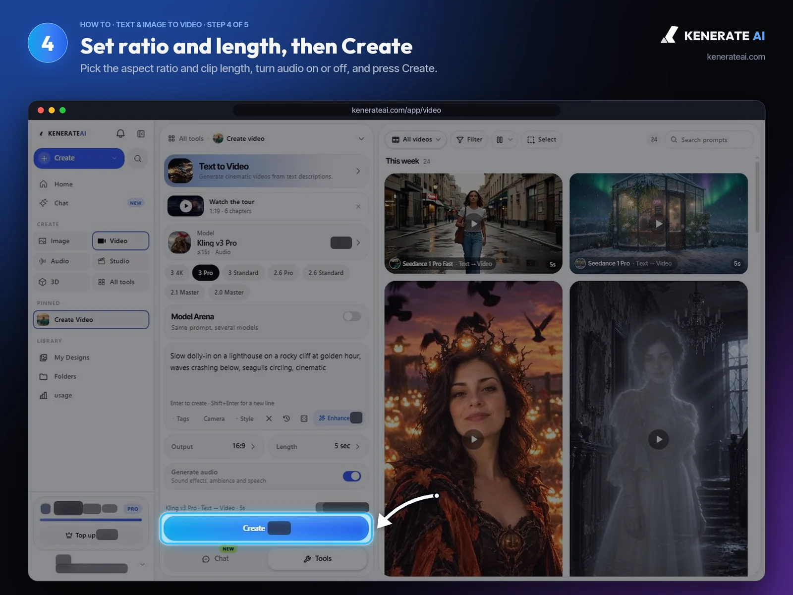 Kenerate AI Video Studio Create button with output and length settings