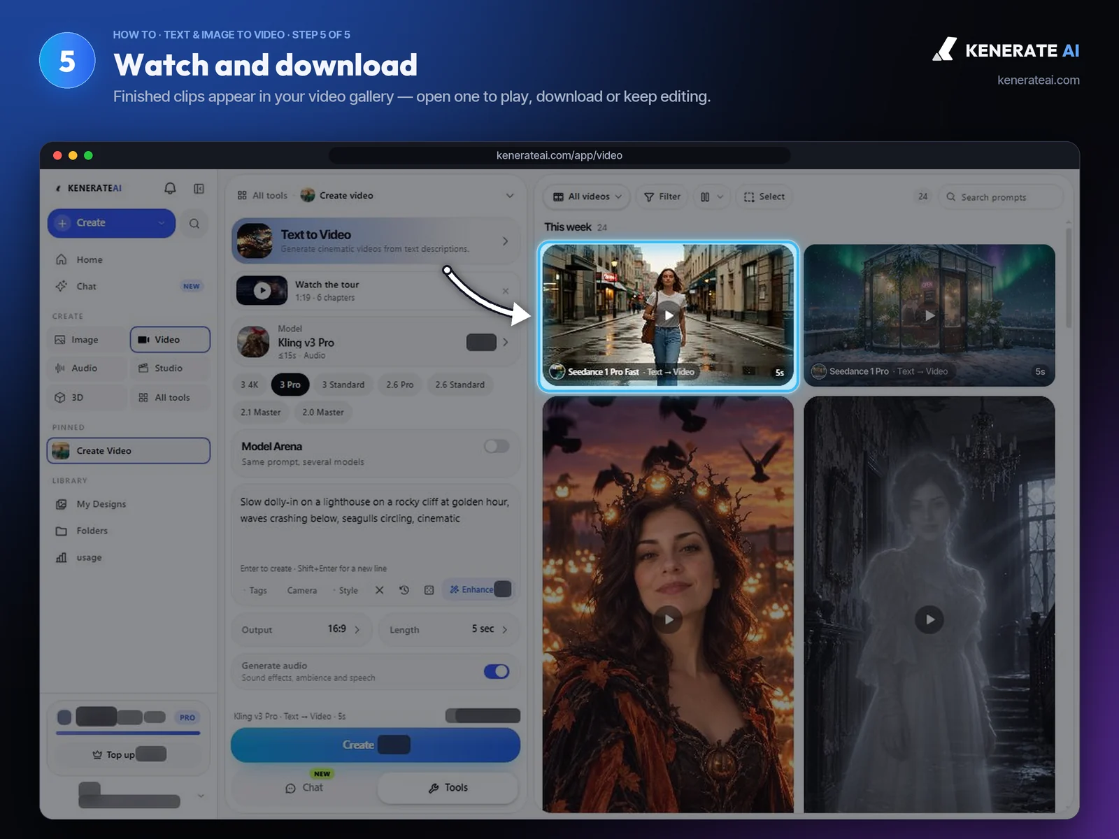Kenerate AI video gallery with finished AI video clips
