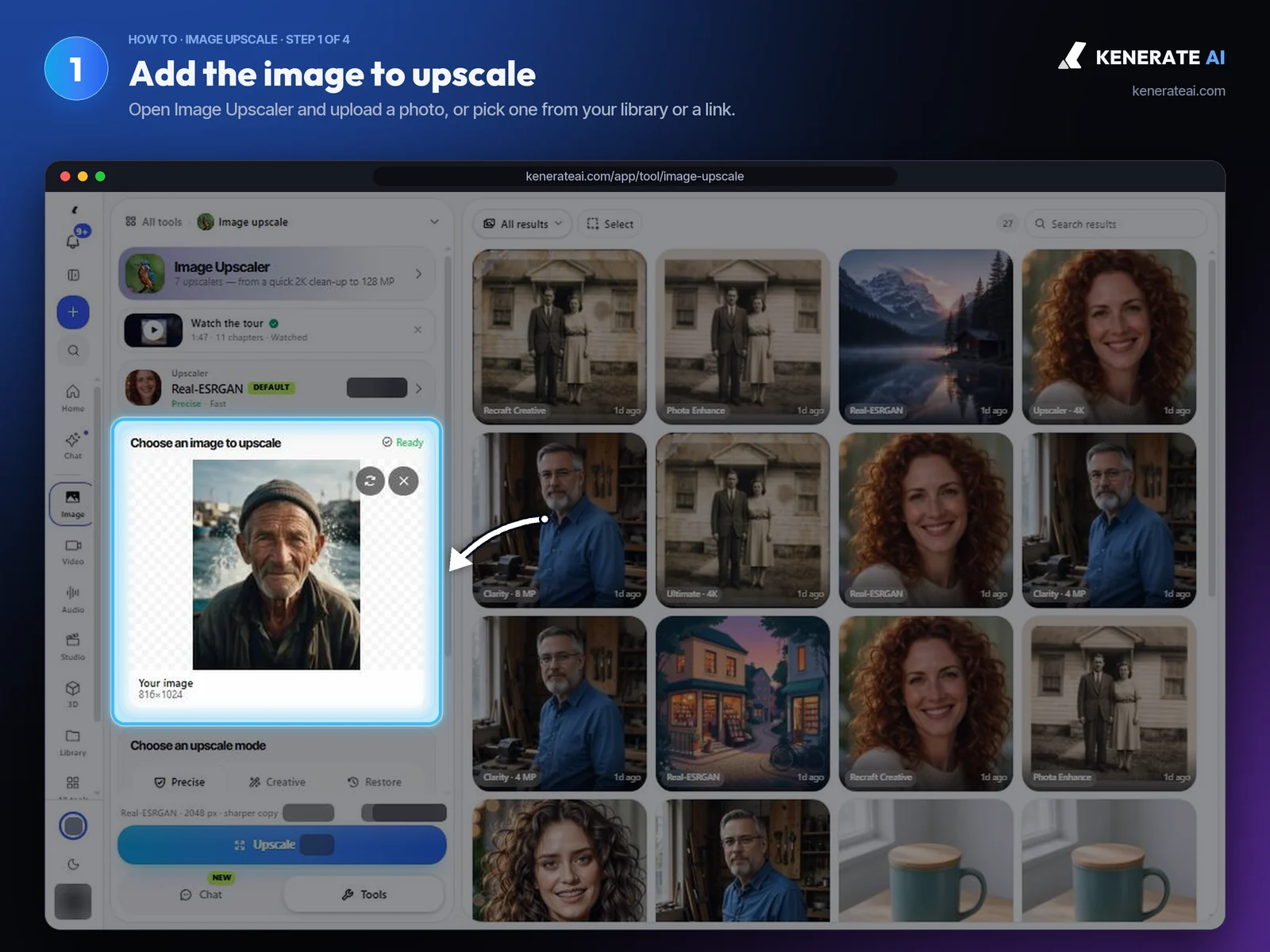 Kenerate AI Image Upscaler with a portrait of an old fisherman loaded as the input