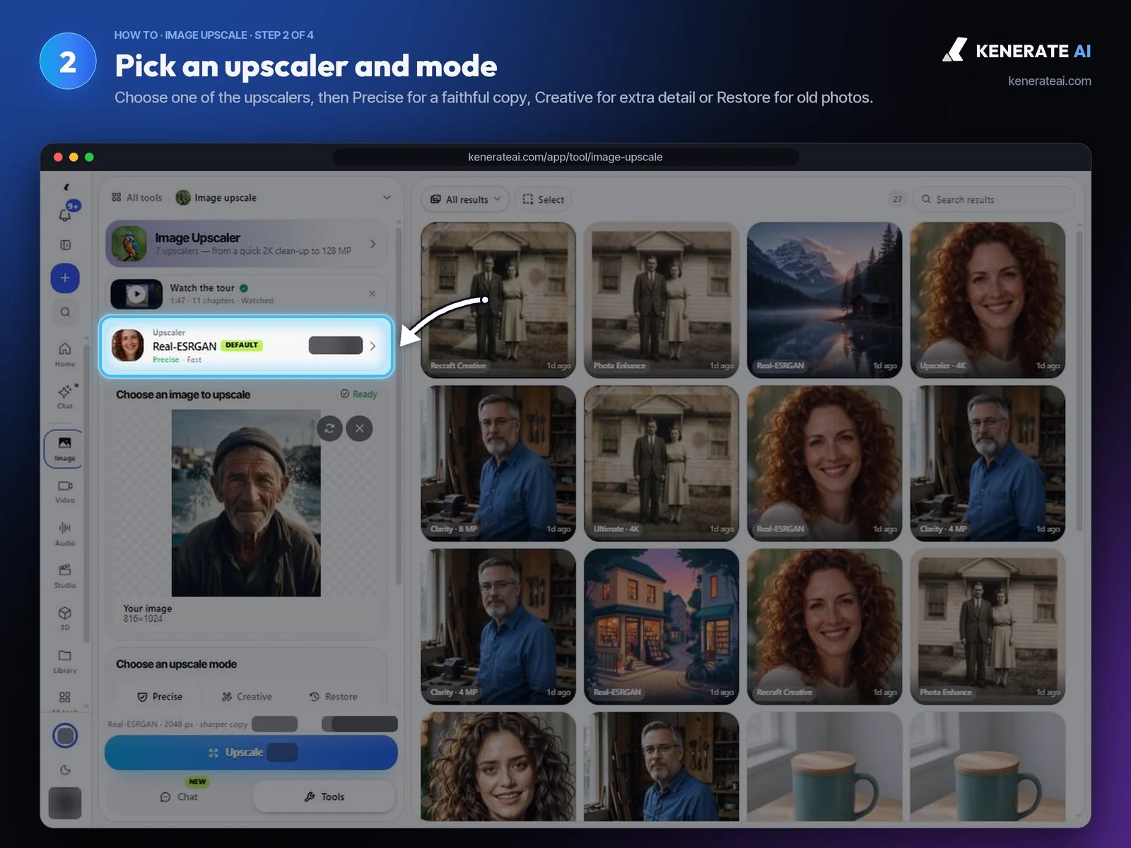 Kenerate AI upscaler picker card with the Precise, Creative and Restore upscale modes