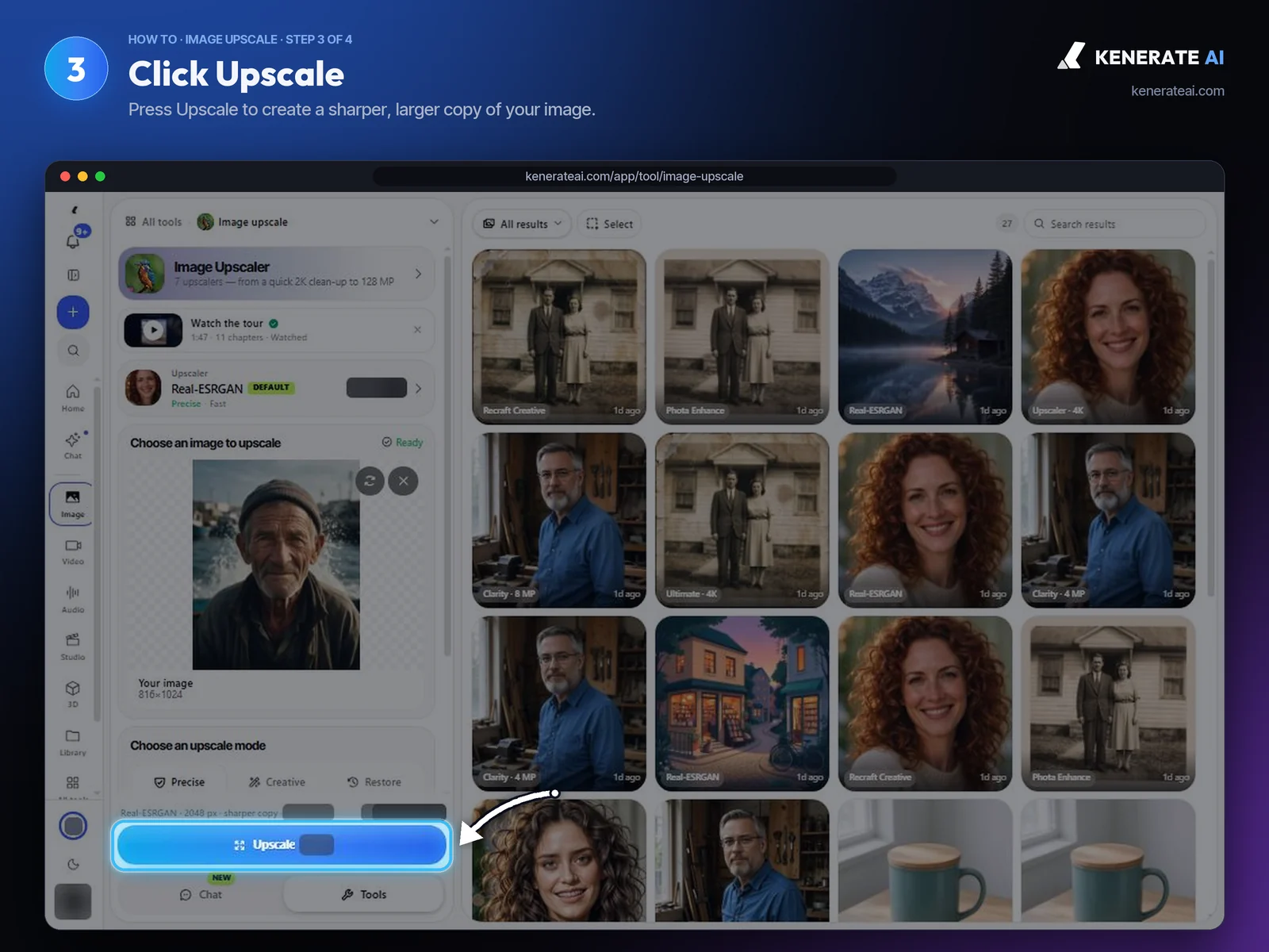 Kenerate AI Image Upscaler Upscale button