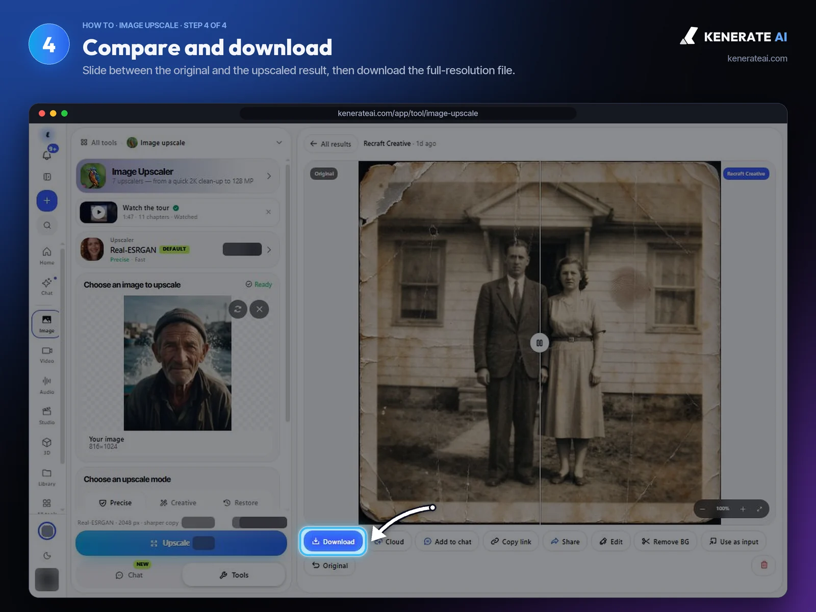 Kenerate AI upscale result comparing a restored old family photo with the original, with a Download button