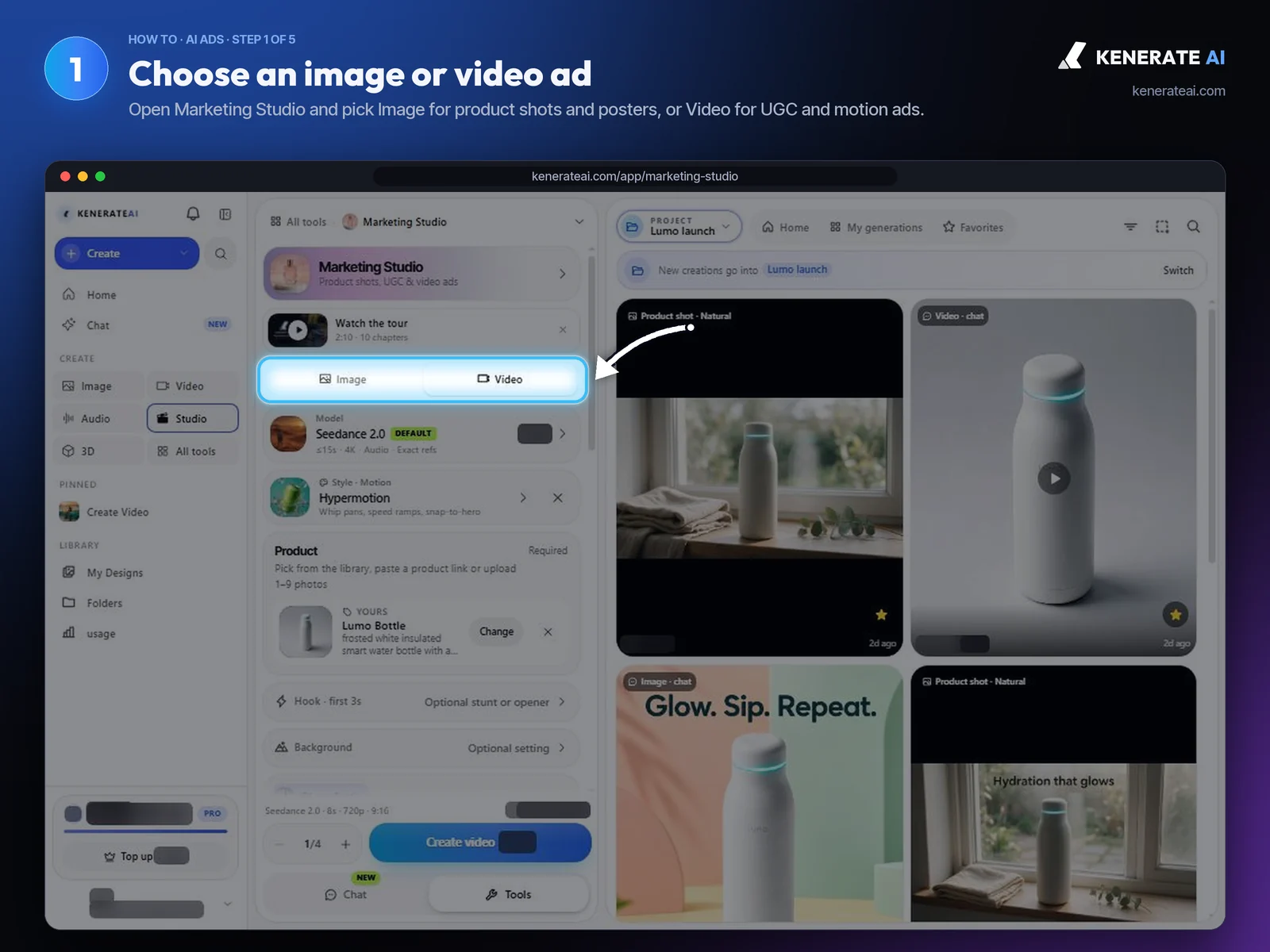 Kenerate AI Marketing Studio Image and Video ad type switch
