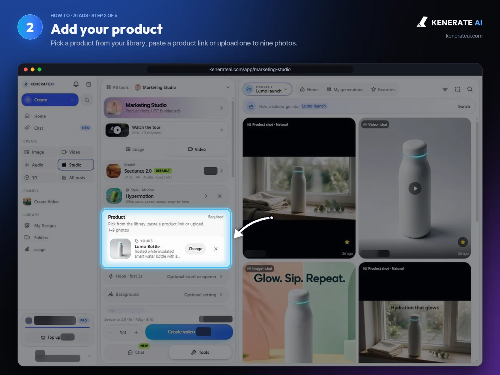 Kenerate AI Marketing Studio product card with a frosted white smart water bottle added