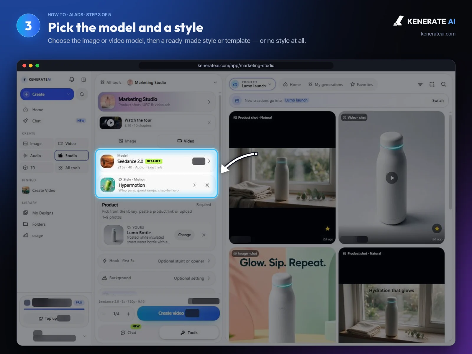 Kenerate AI Marketing Studio model card Seedance 2.0 and the Hypermotion motion style
