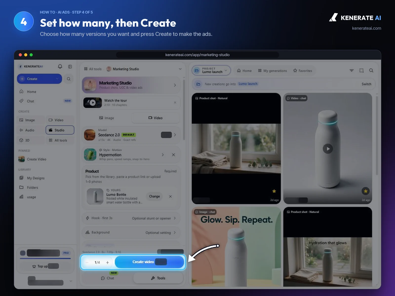 Kenerate AI Marketing Studio Create video button with the number of versions