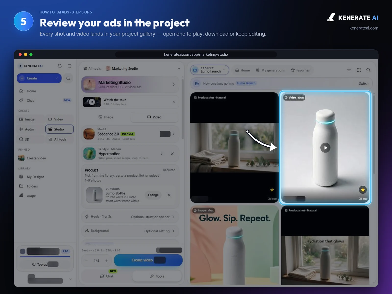 Kenerate AI Marketing Studio project gallery with product shots, posters and a video ad of a smart water bottle