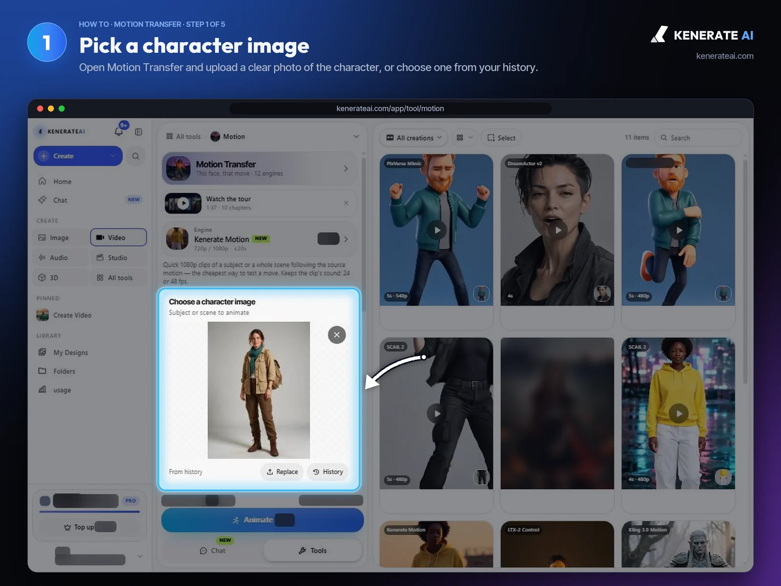 Kenerate AI Motion Transfer with a full-body photo of an explorer character added as the character image