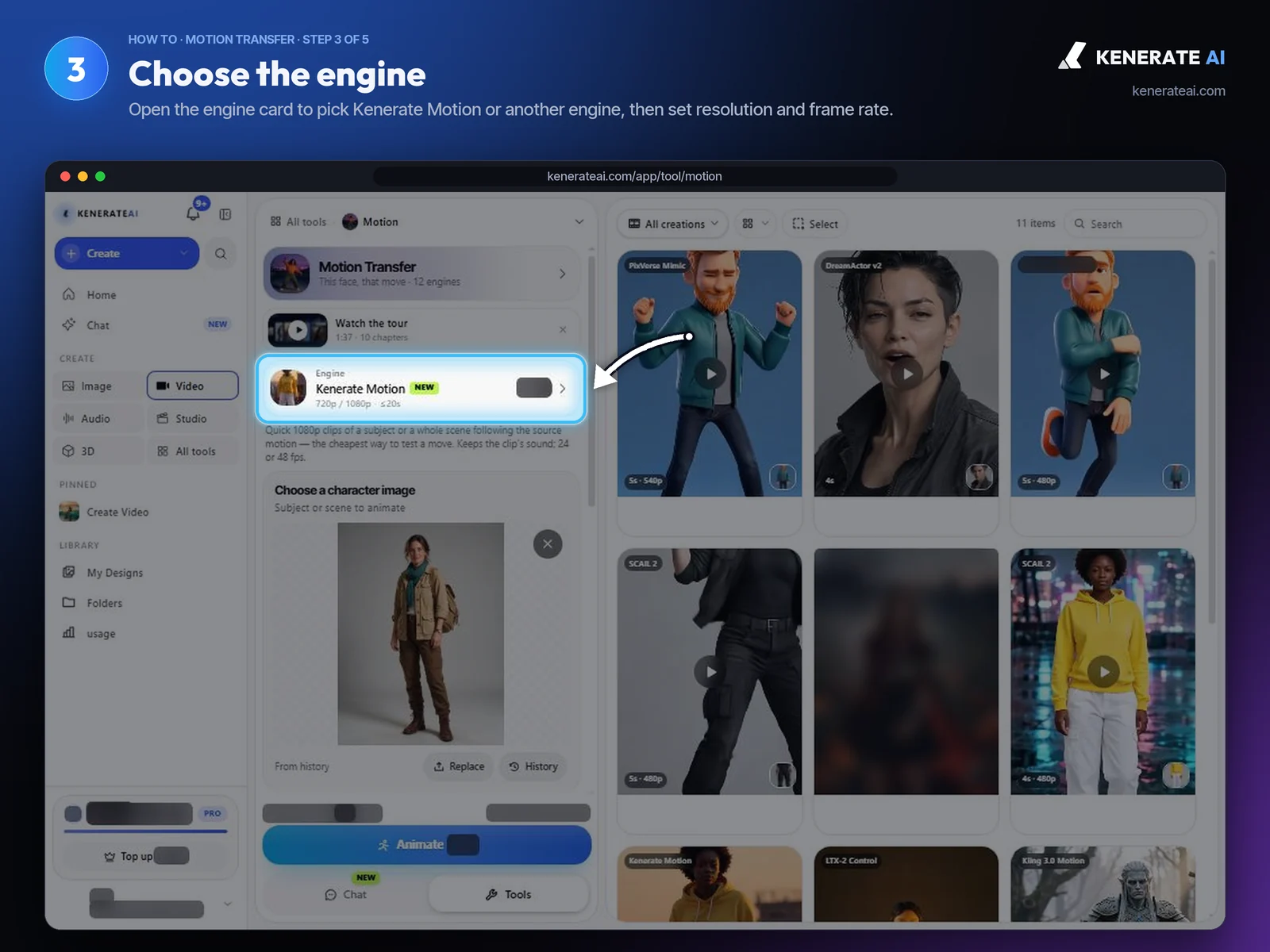 Kenerate AI Motion Transfer engine card set to Kenerate Motion, 720p or 1080p