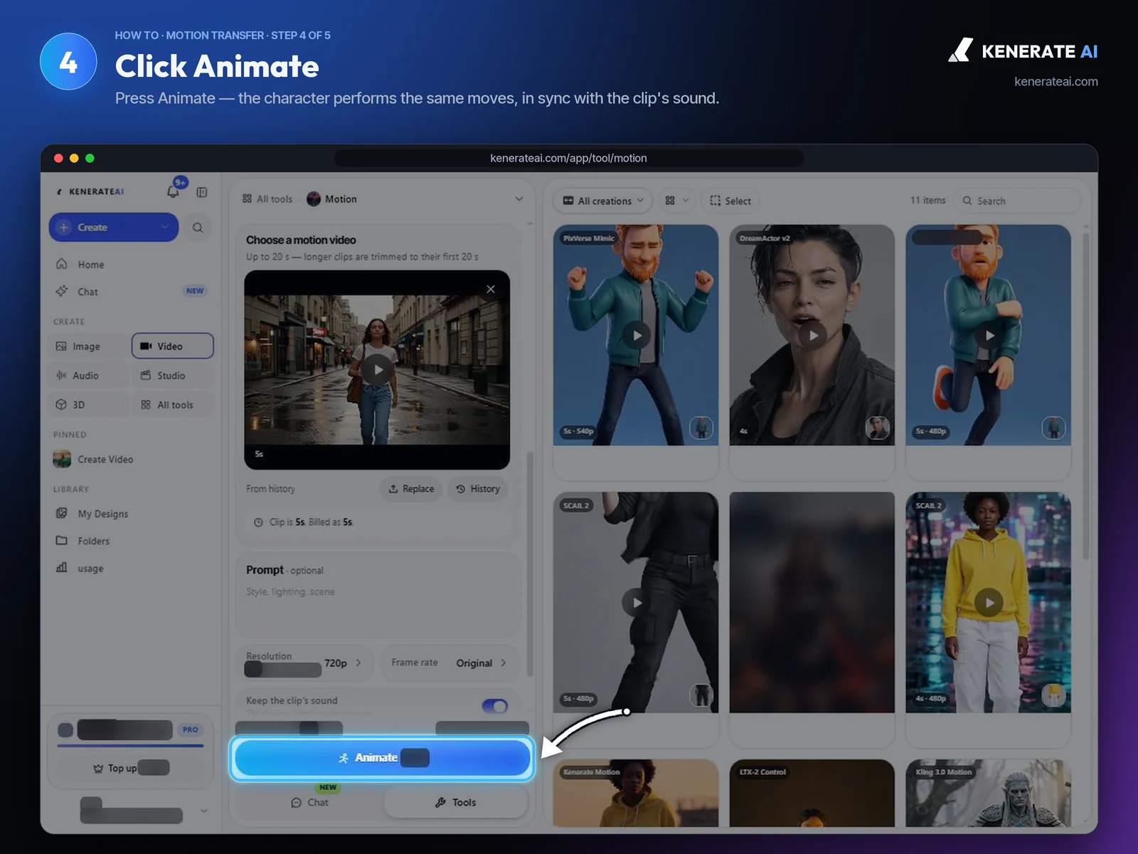 Kenerate AI Motion Transfer Animate button
