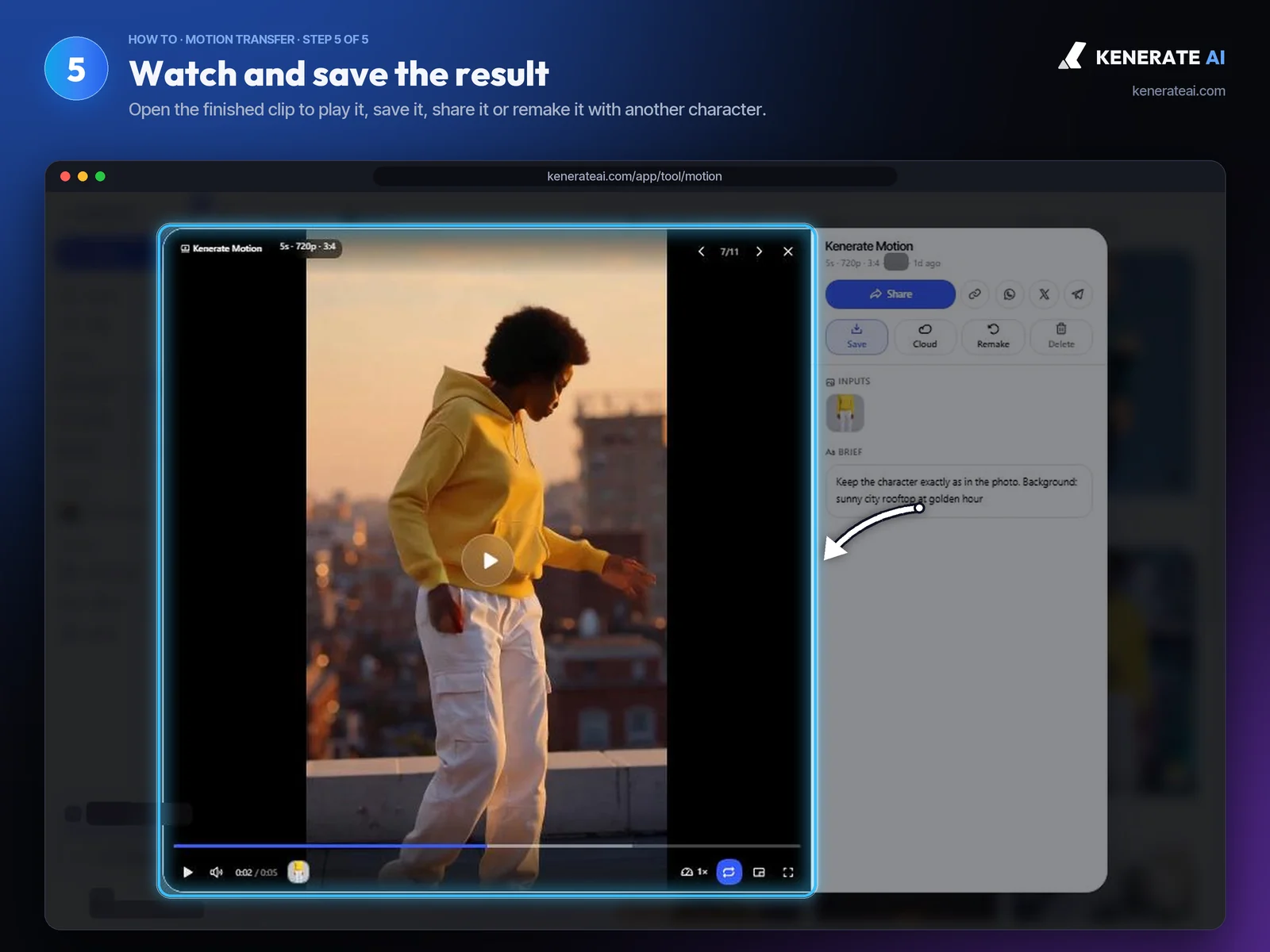 Kenerate AI Motion Transfer result of a woman in a yellow hoodie dancing on a rooftop at golden hour