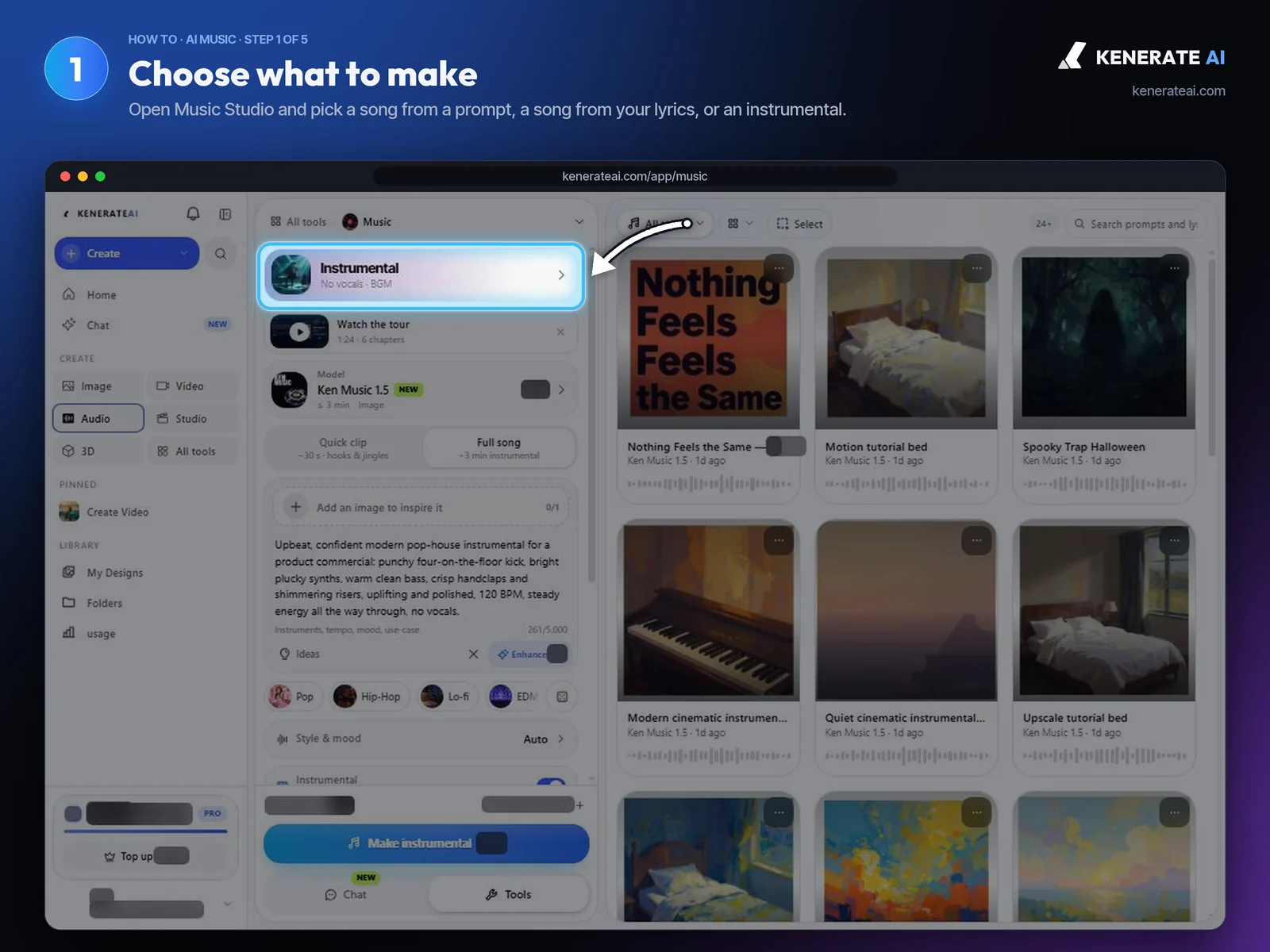 Kenerate AI Music Studio tool card set to Instrumental, no vocals background music