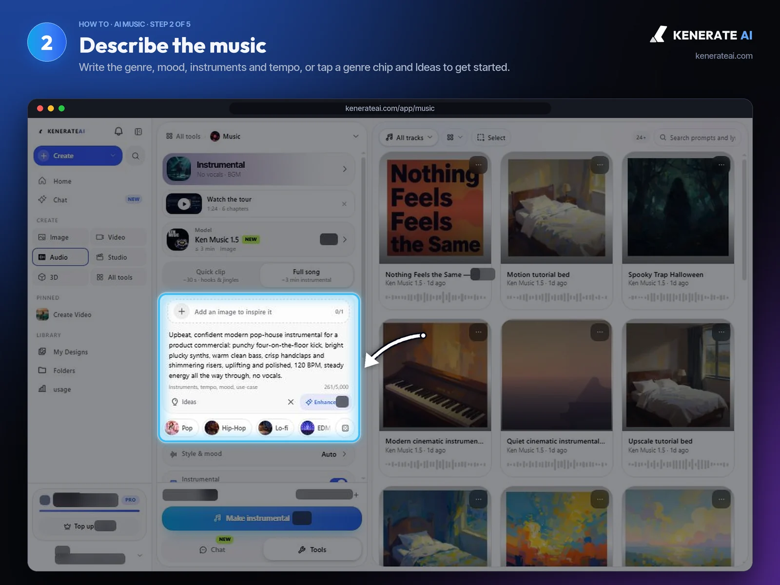 Kenerate AI Music Studio description box with an upbeat pop-house instrumental prompt and genre chips