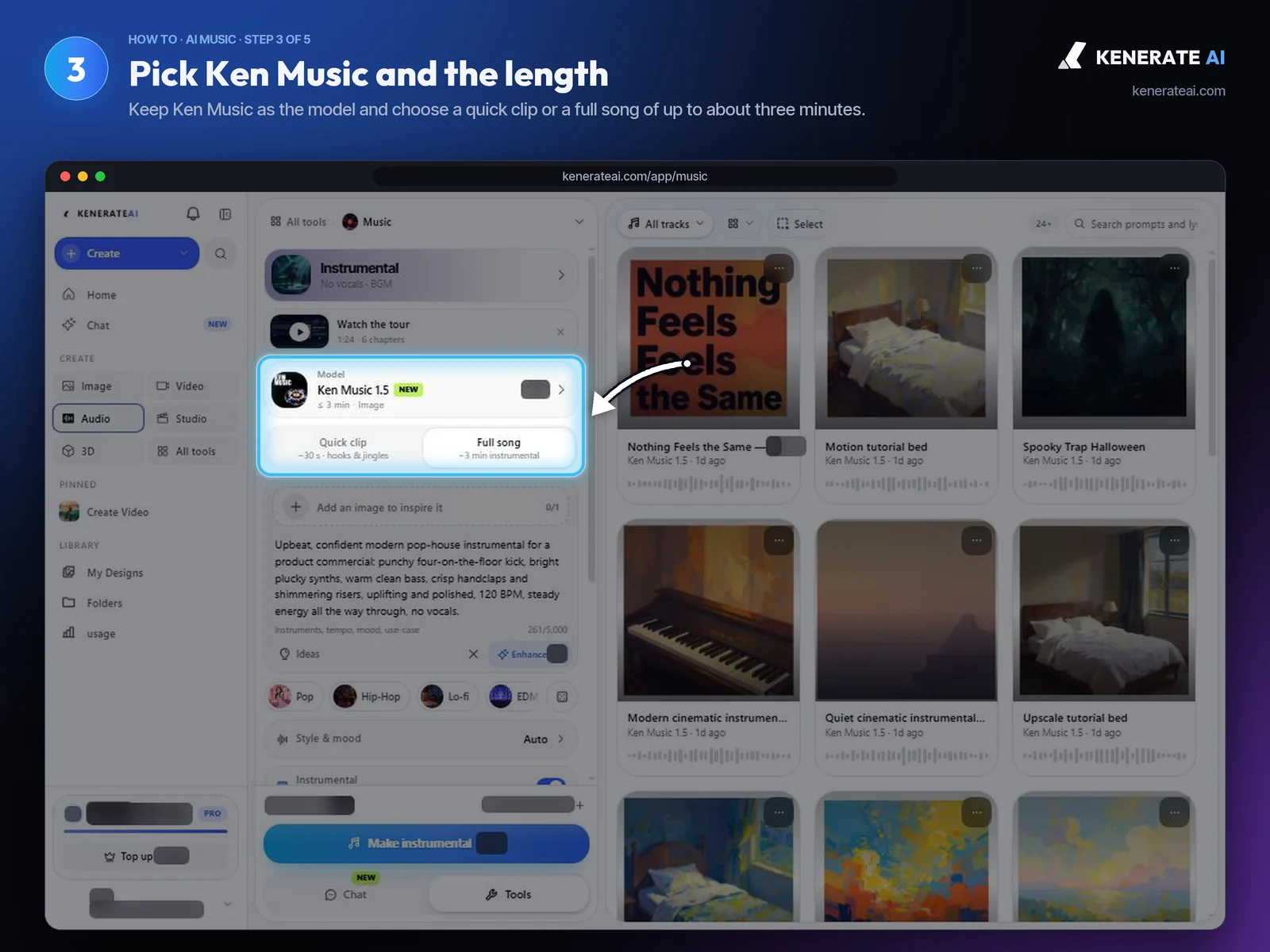 Kenerate AI Music Studio with the Ken Music 1.5 model card and Quick clip or Full song length options