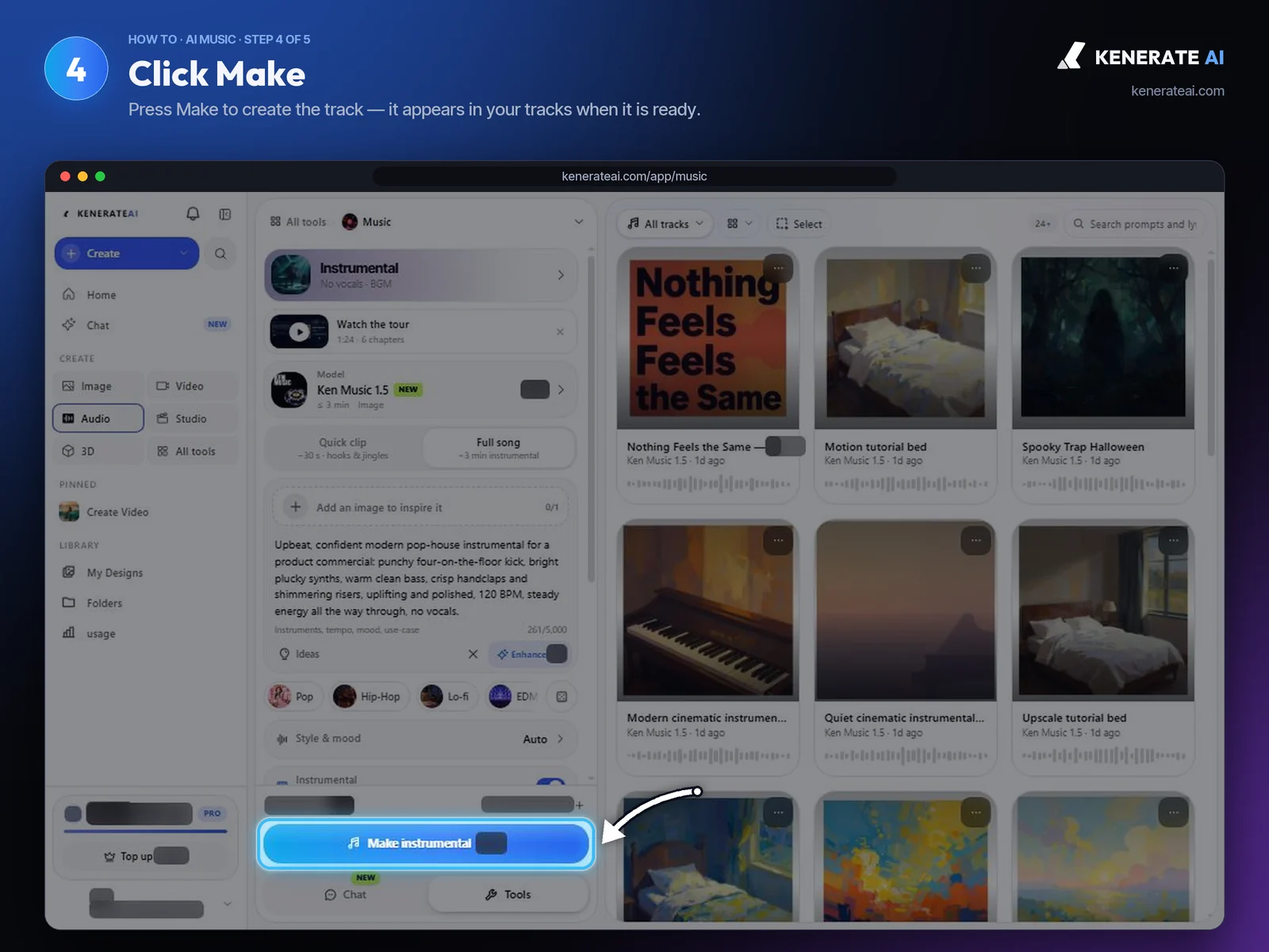 Kenerate AI Music Studio Make instrumental button