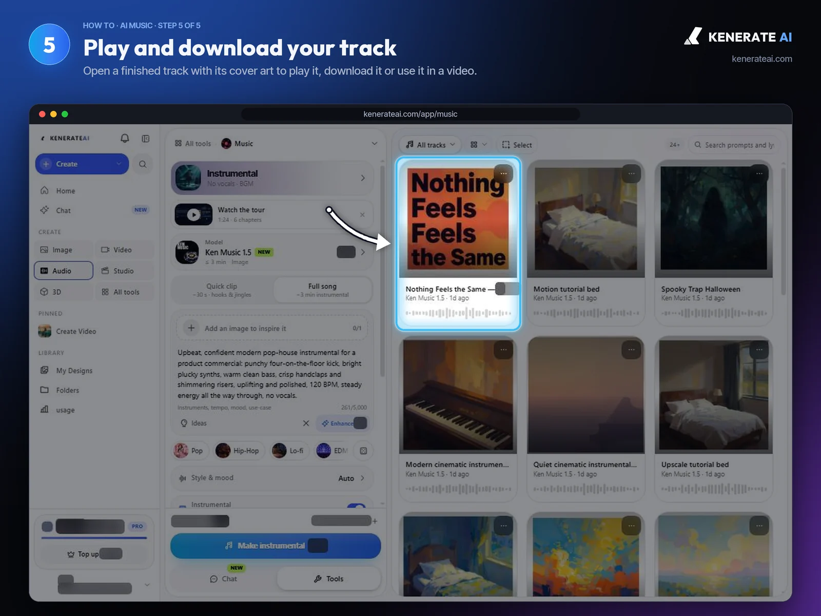 Kenerate AI Music Studio gallery of finished Ken Music tracks with cover art and waveforms