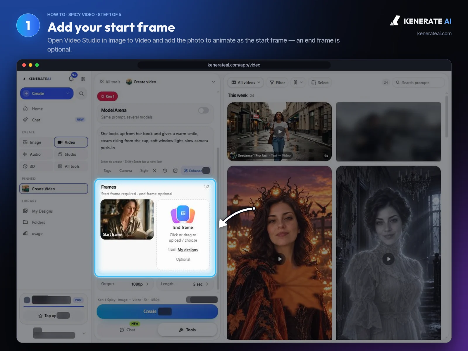Kenerate AI Video Studio Image to Video frames panel with a photo of a woman reading a book as the start frame