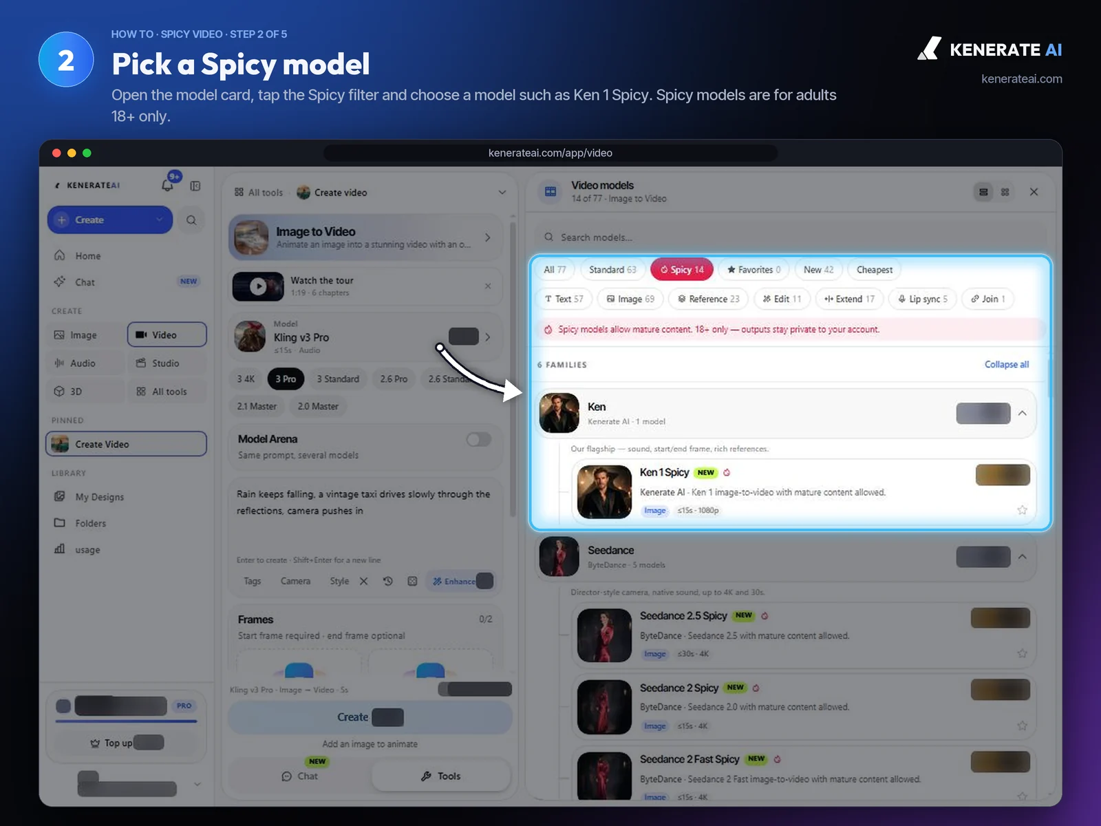 Kenerate AI video model picker filtered to Spicy models with Ken 1 Spicy selected and an adults 18+ notice