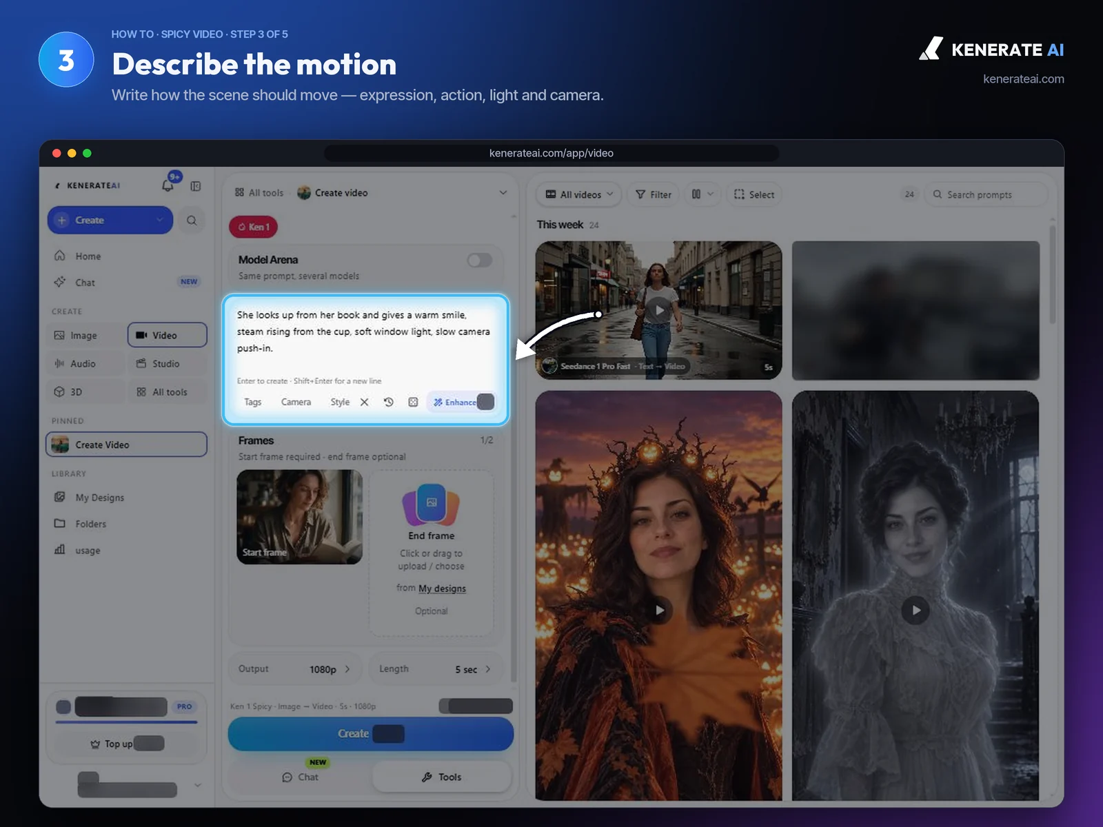 Kenerate AI Video Studio motion prompt describing a warm smile and a slow camera push-in
