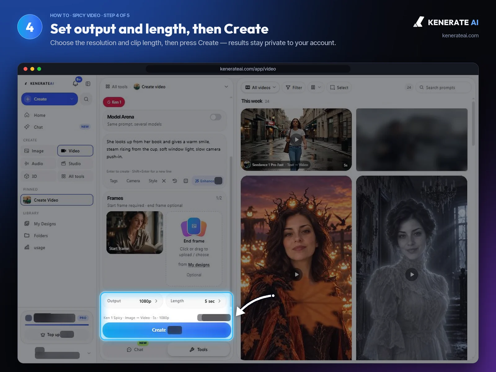 Kenerate AI Video Studio output, length and Create button for a Ken 1 Spicy image-to-video clip