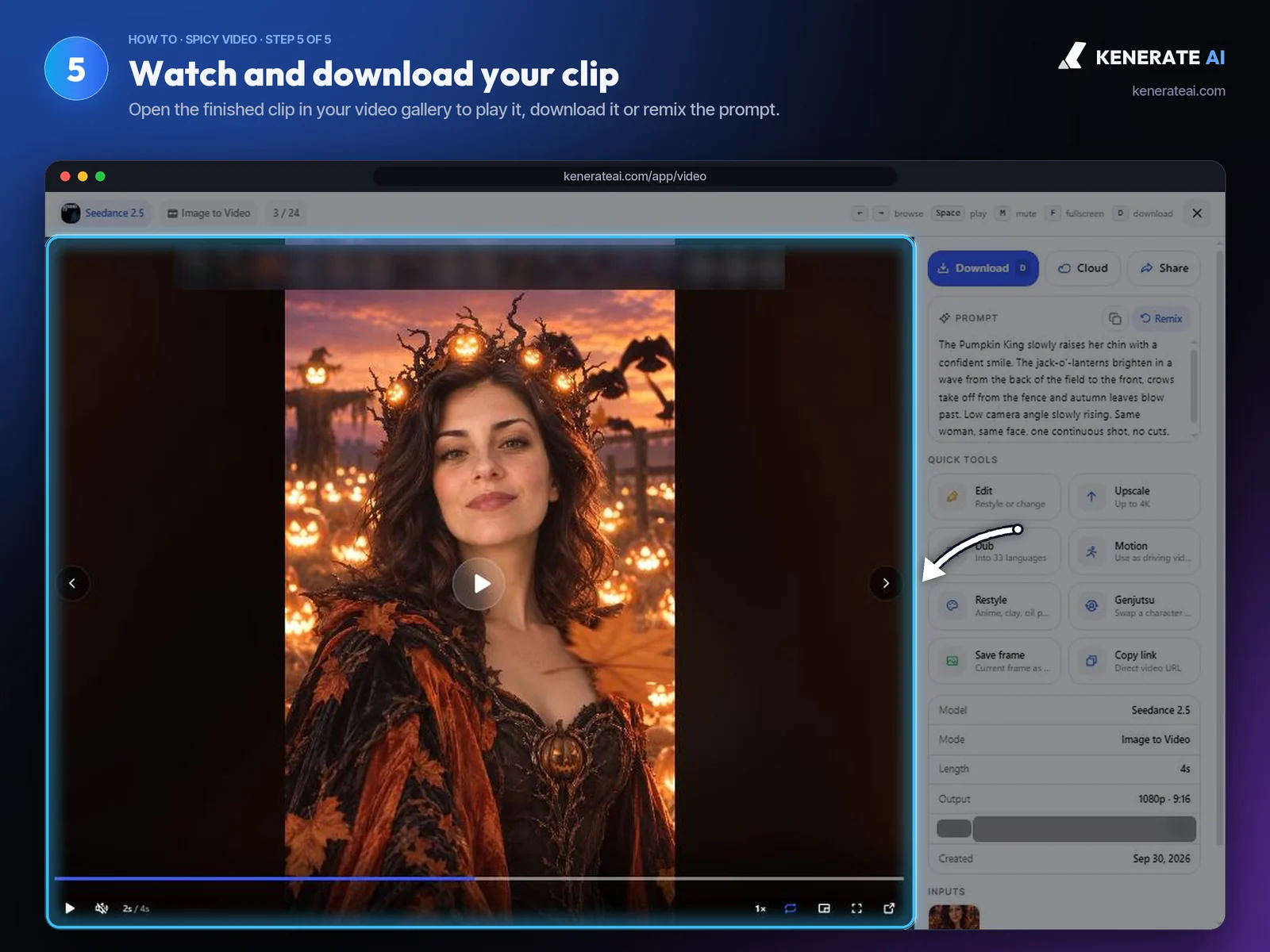 Kenerate AI video viewer playing an image-to-video clip of a woman in an autumn costume among glowing jack-o'-lanterns