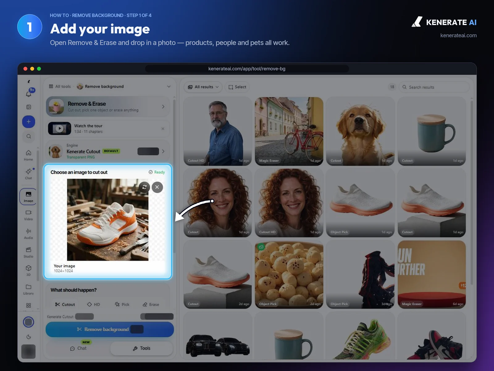 Kenerate AI Remove and Erase tool with a sneaker photo loaded as the input image