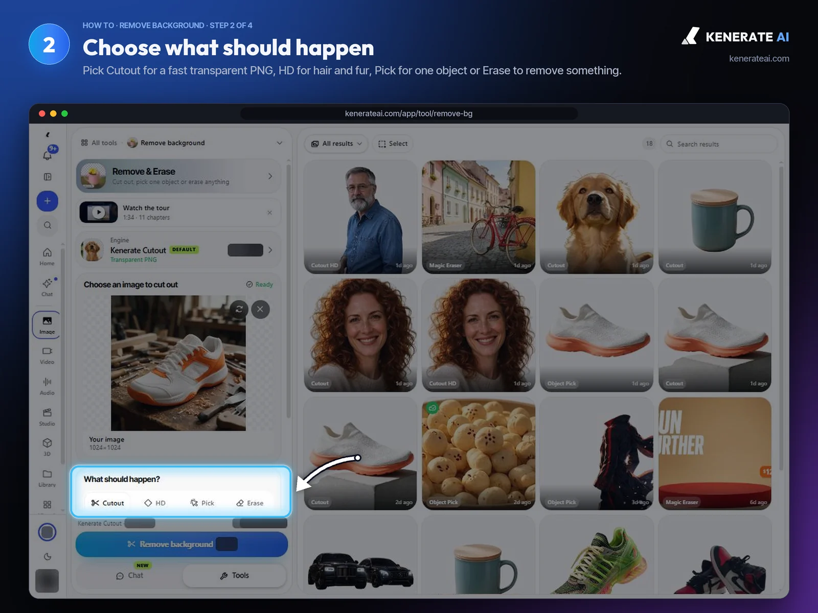 Kenerate AI Remove and Erase mode picker with Cutout, HD, Pick and Erase options