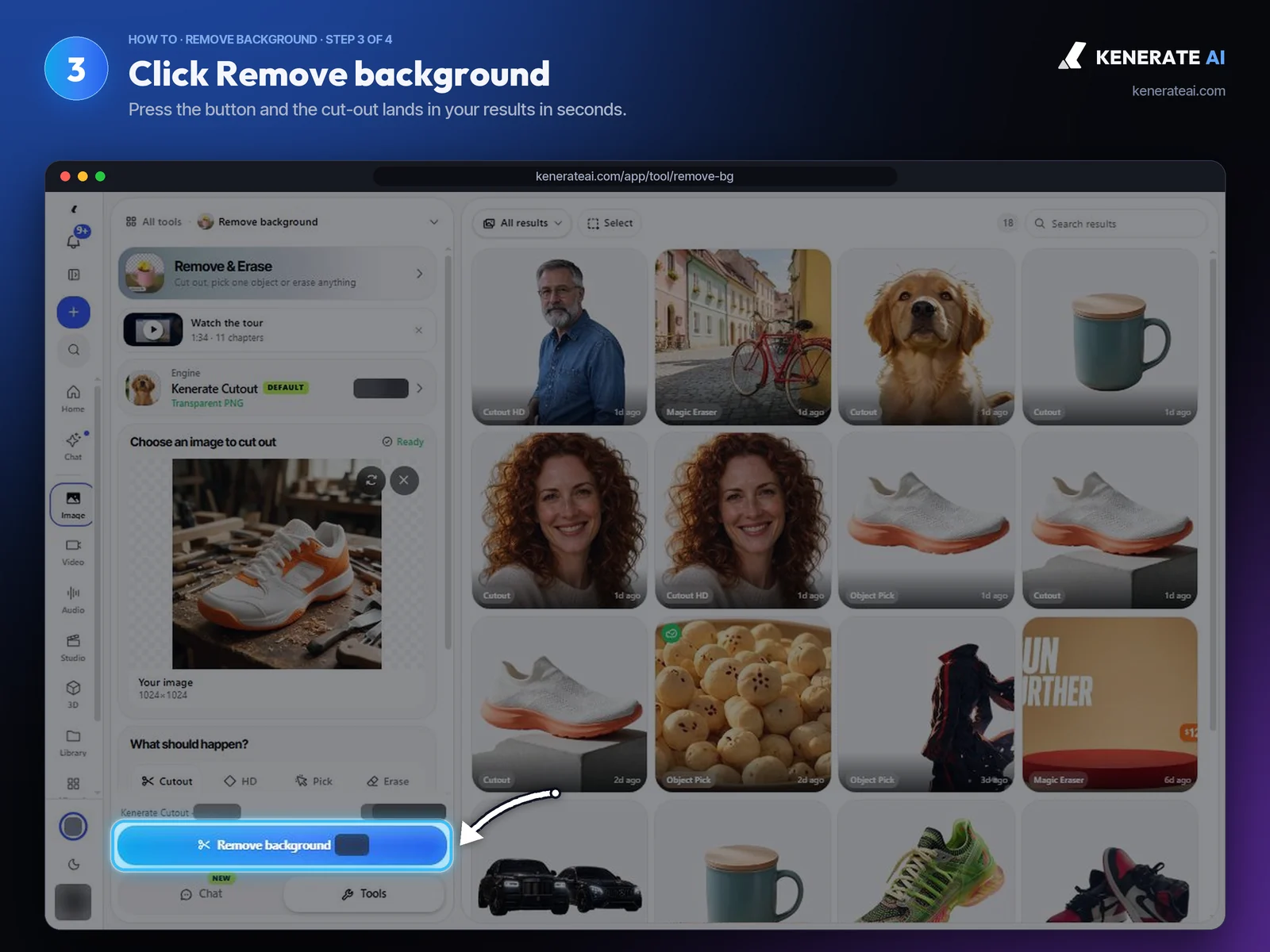 Kenerate AI Remove background button below the input image