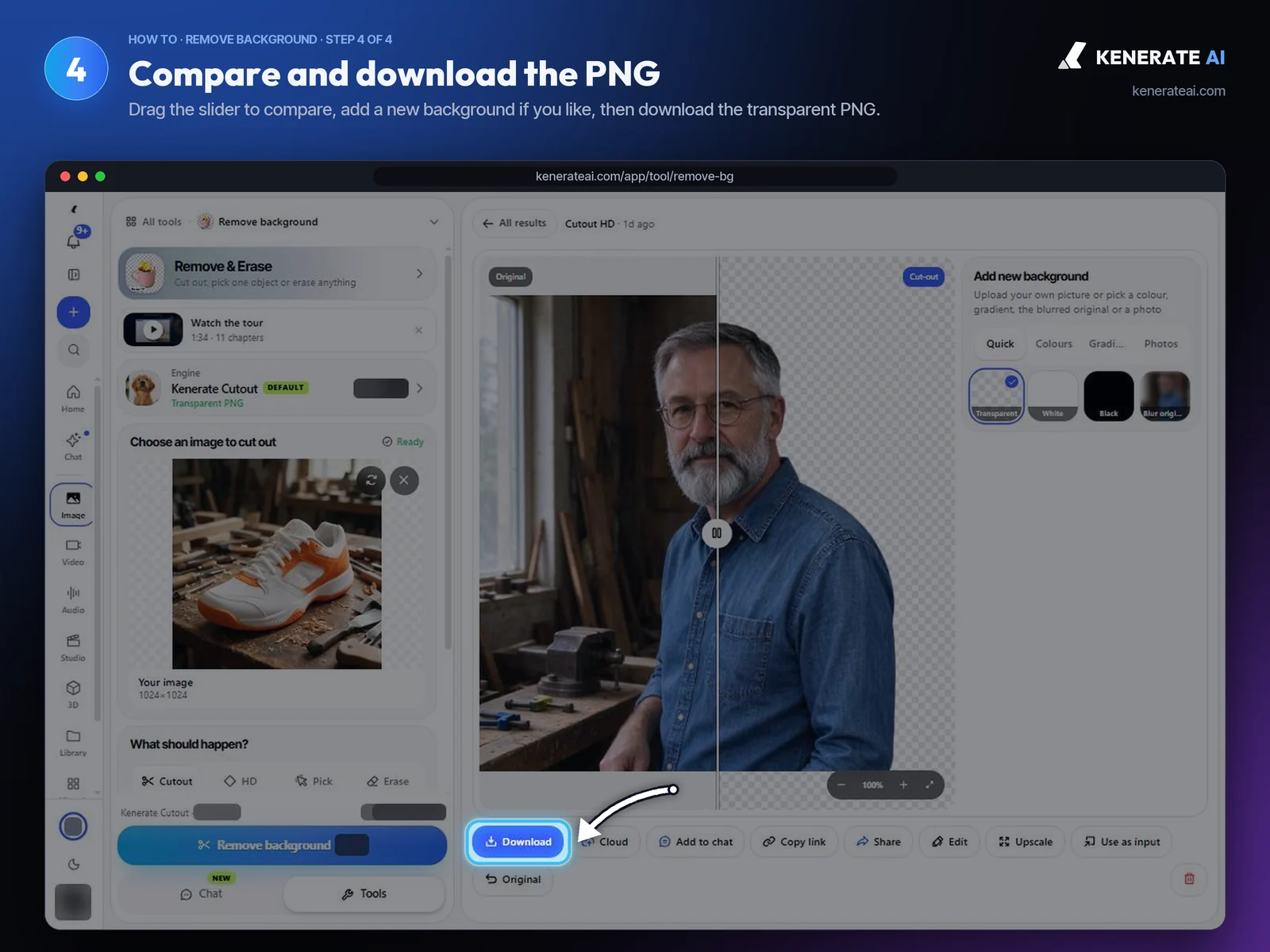 Kenerate AI cut-out result with before and after slider, background options and Download button