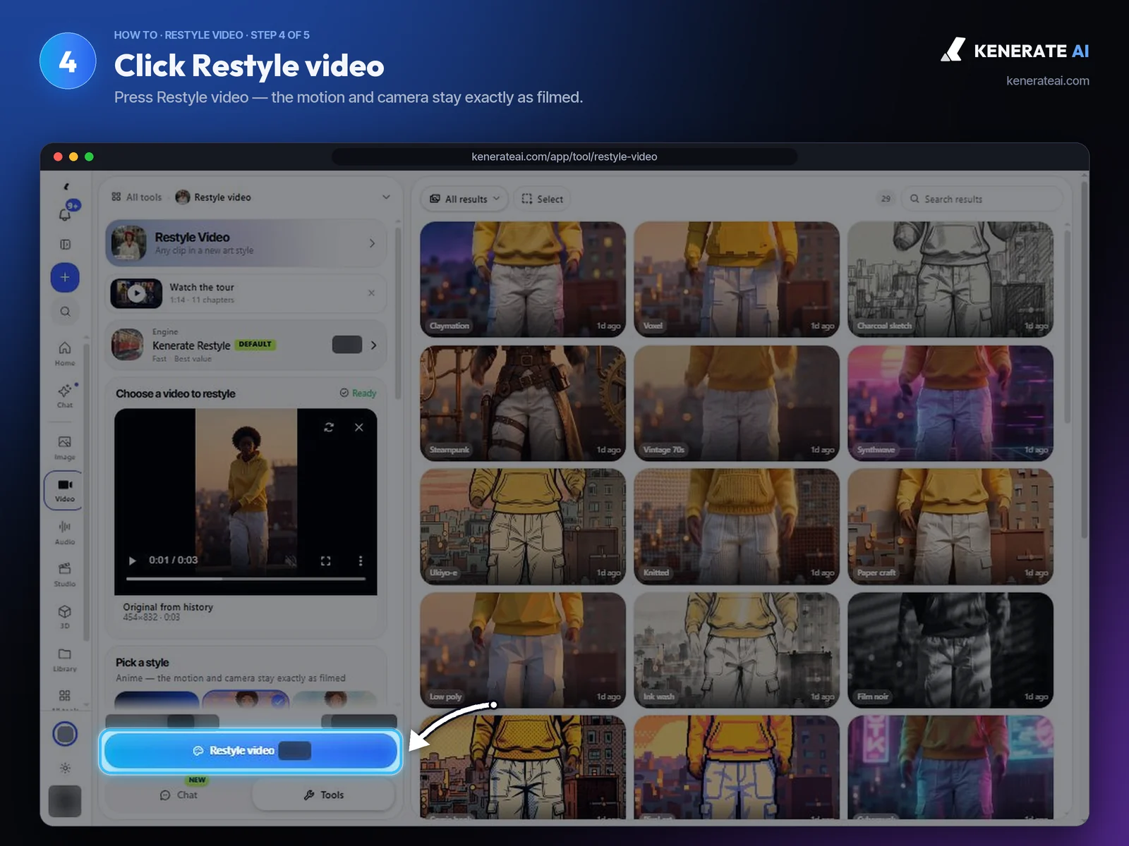 Kenerate AI Restyle video button