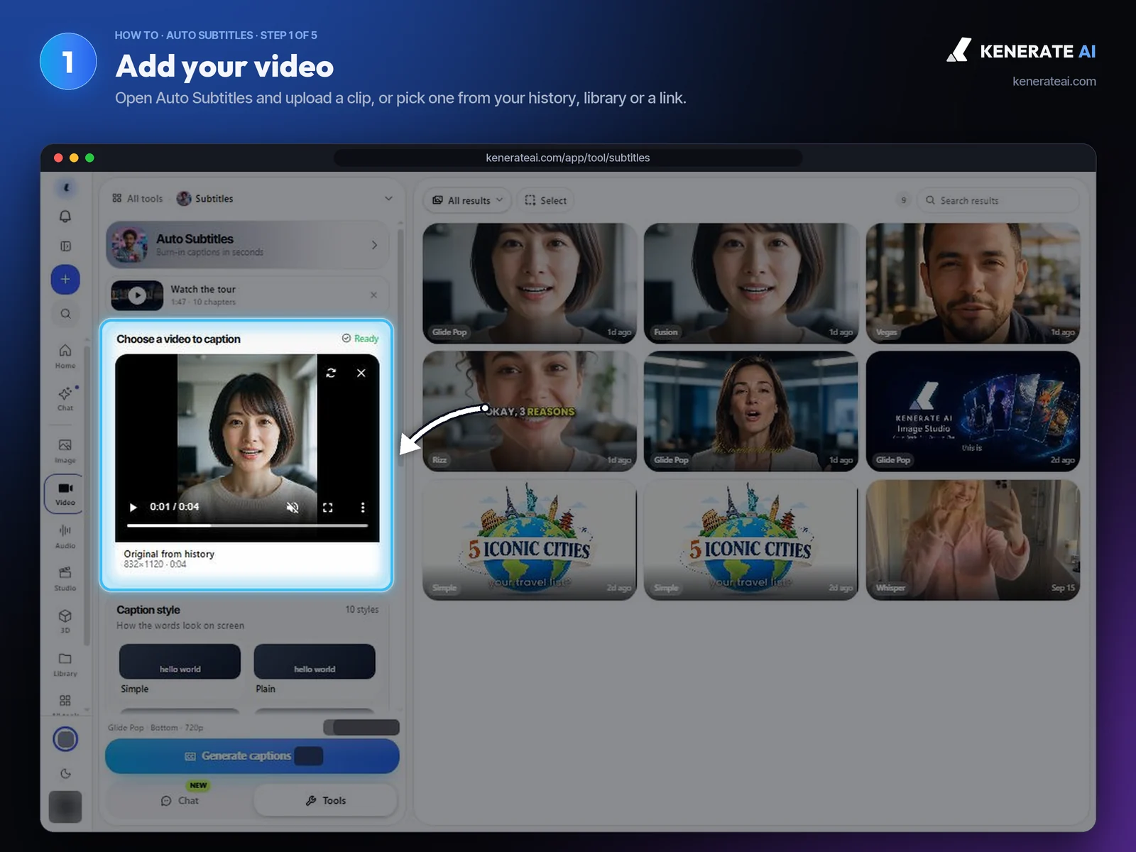 Kenerate AI Auto Subtitles with a talking-head clip loaded as the video to caption