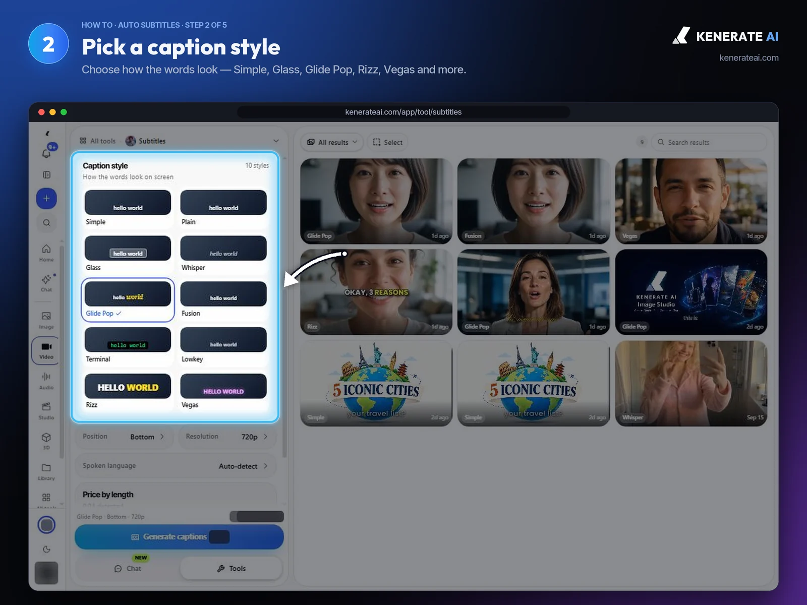 Kenerate AI Auto Subtitles caption style grid with Simple, Plain, Glass, Whisper, Glide Pop, Fusion, Terminal, Lowkey, Rizz and Vegas