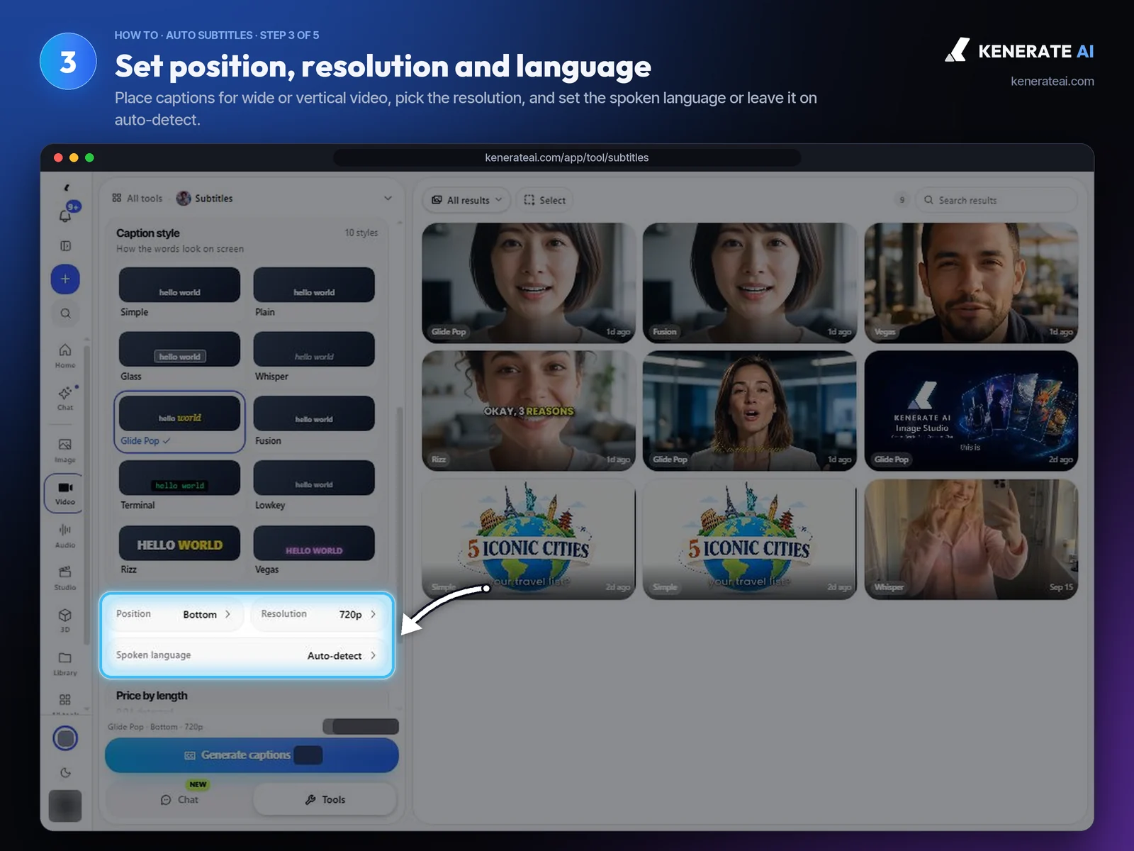 Kenerate AI Auto Subtitles position, resolution and spoken language settings
