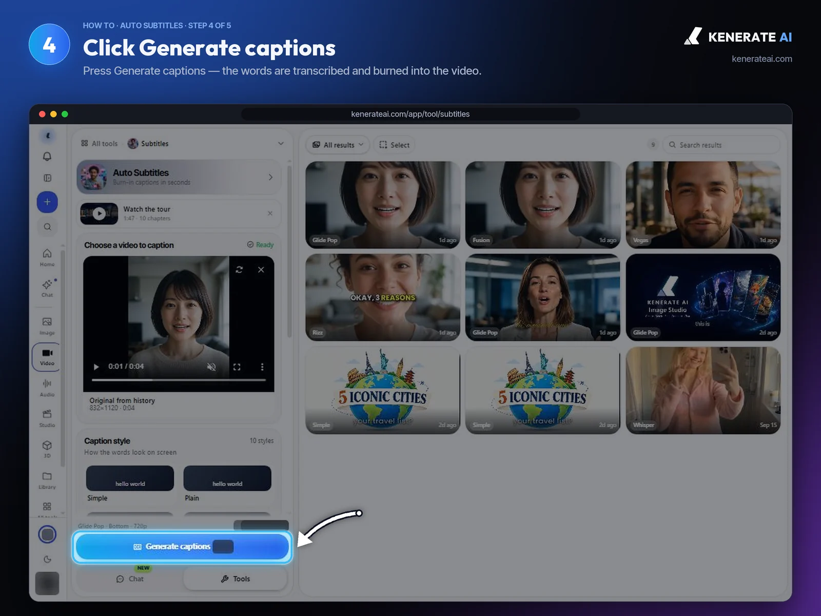 Kenerate AI Auto Subtitles Generate captions button