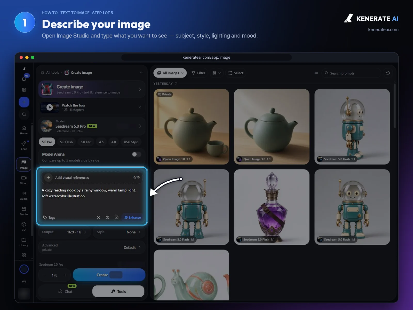 Kenerate AI Image Studio with a text prompt typed into the prompt box