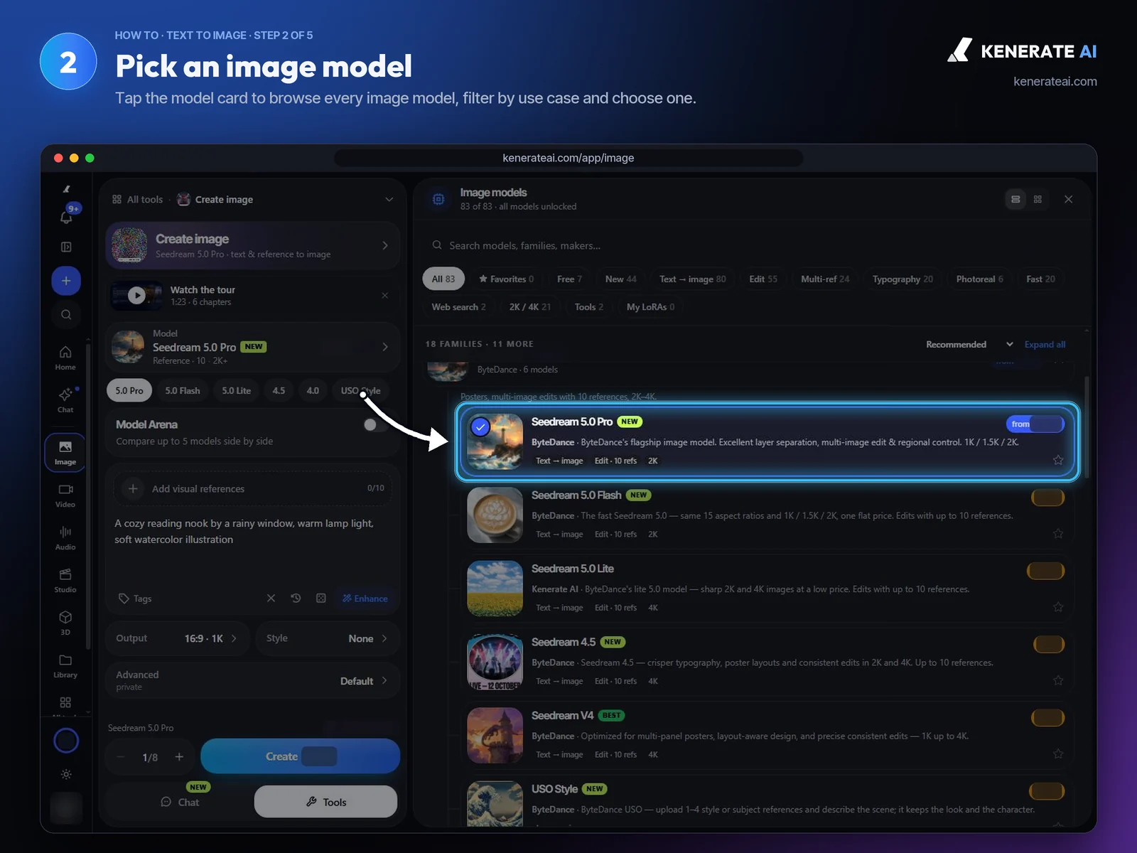Kenerate AI image model picker listing image models with filters for text to image, edit and photoreal