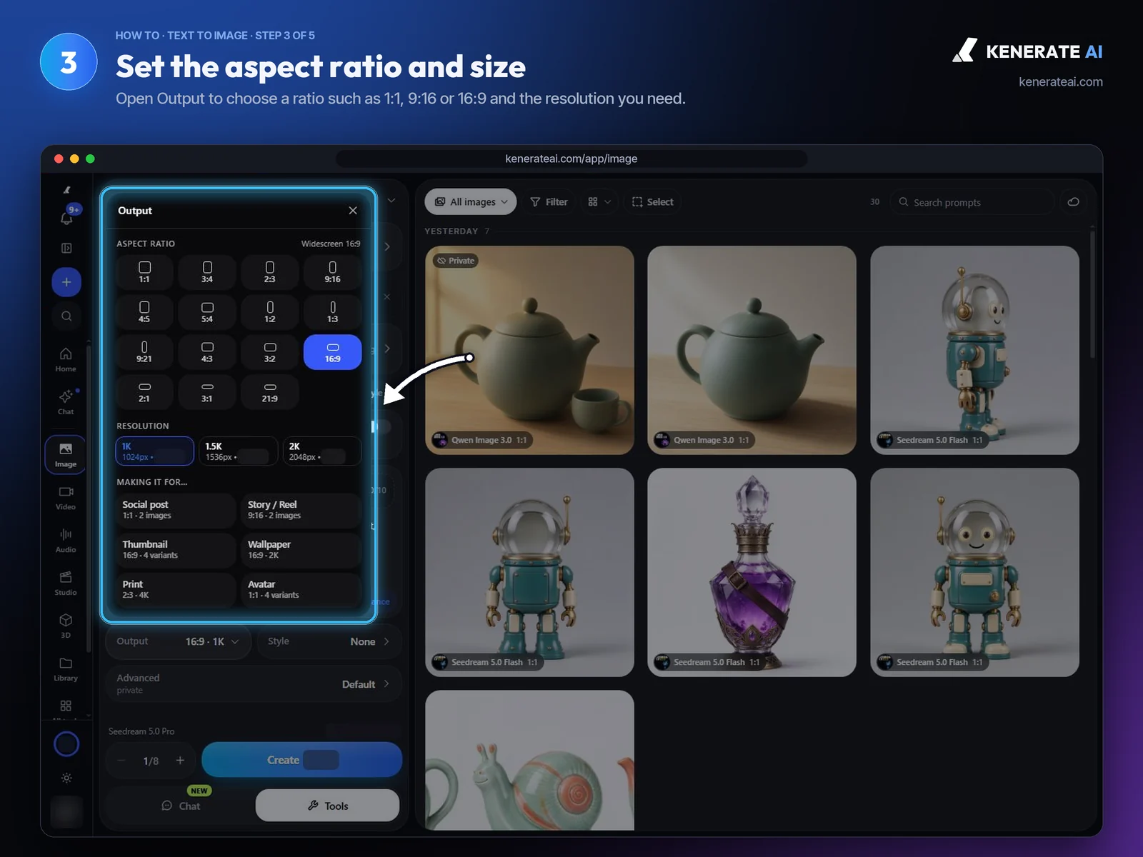 Kenerate AI Output panel with aspect ratio grid, resolution options and destination presets