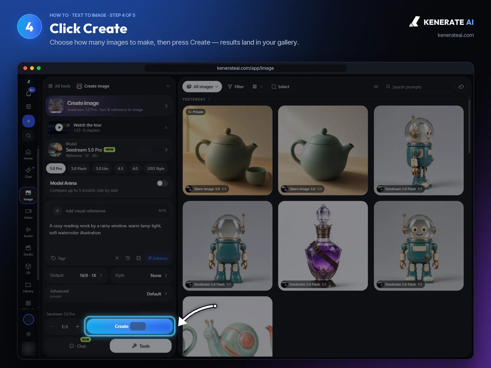 Kenerate AI Image Studio Create button with the image gallery of finished results