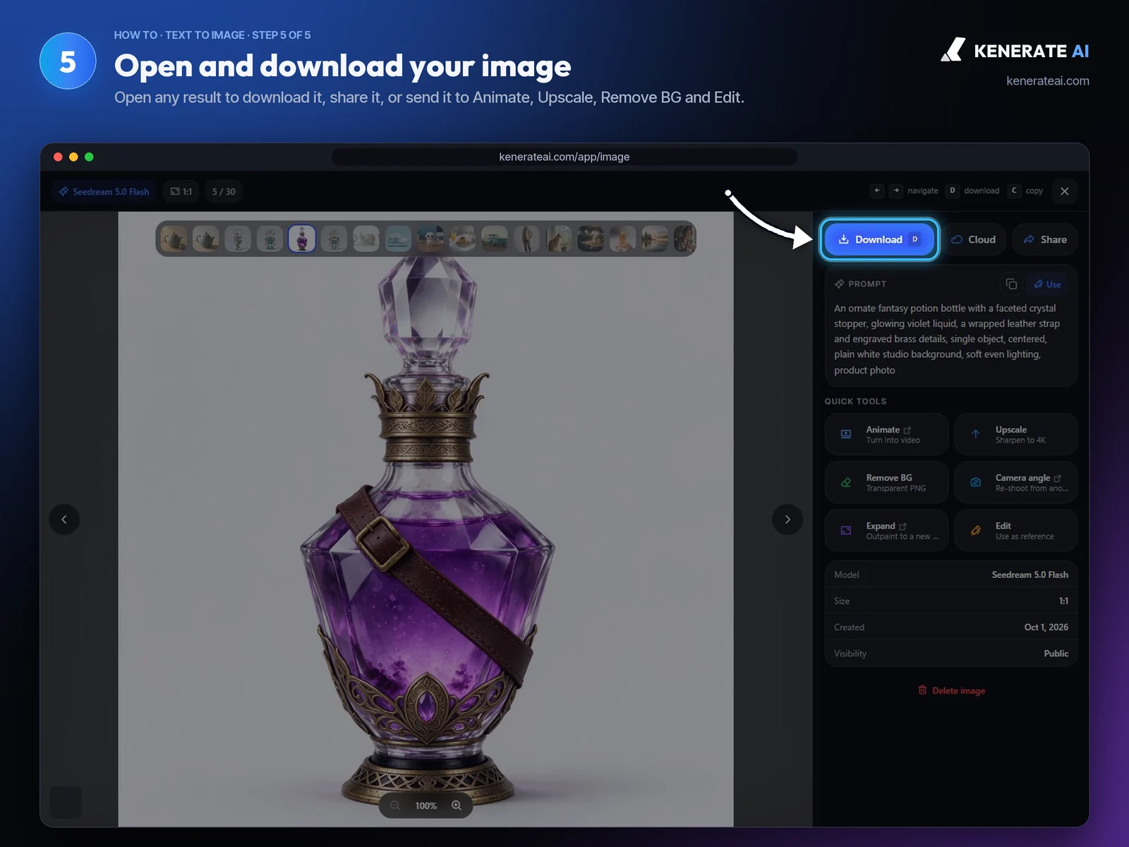 Kenerate AI image viewer showing a generated potion bottle image with Download, Share and quick tools