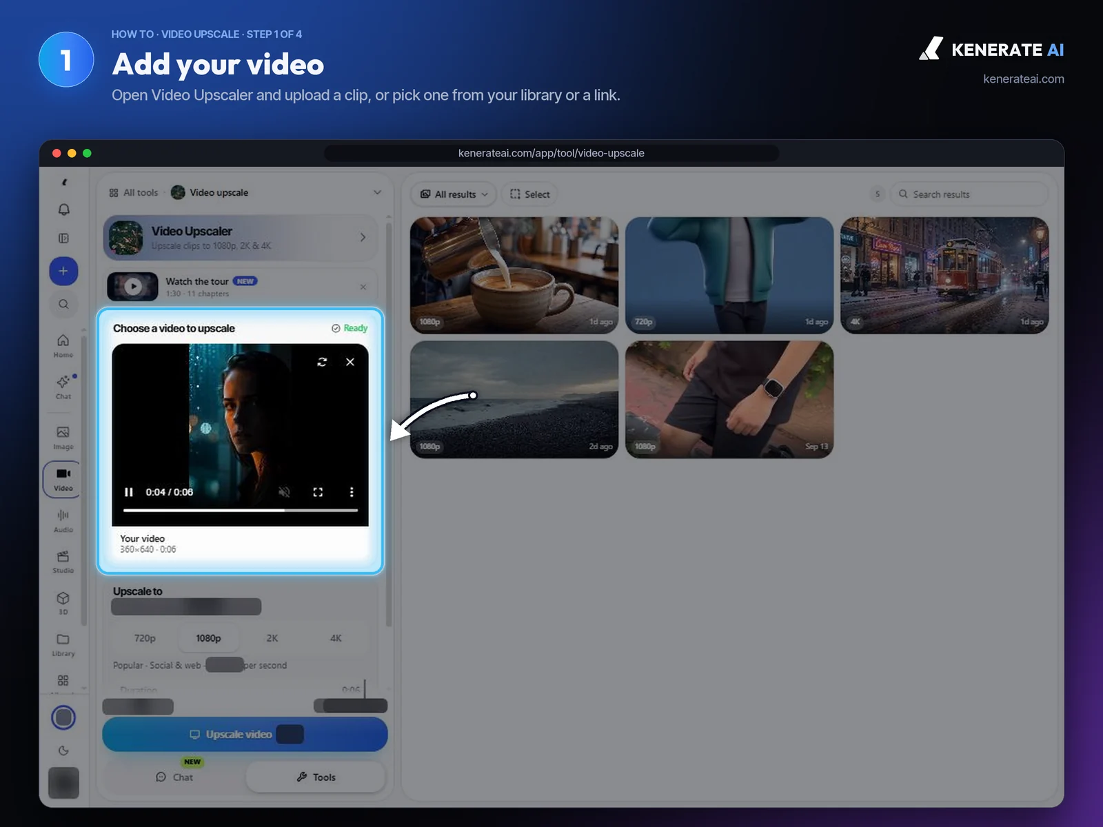 Kenerate AI Video Upscaler with a short vertical clip loaded as the input video