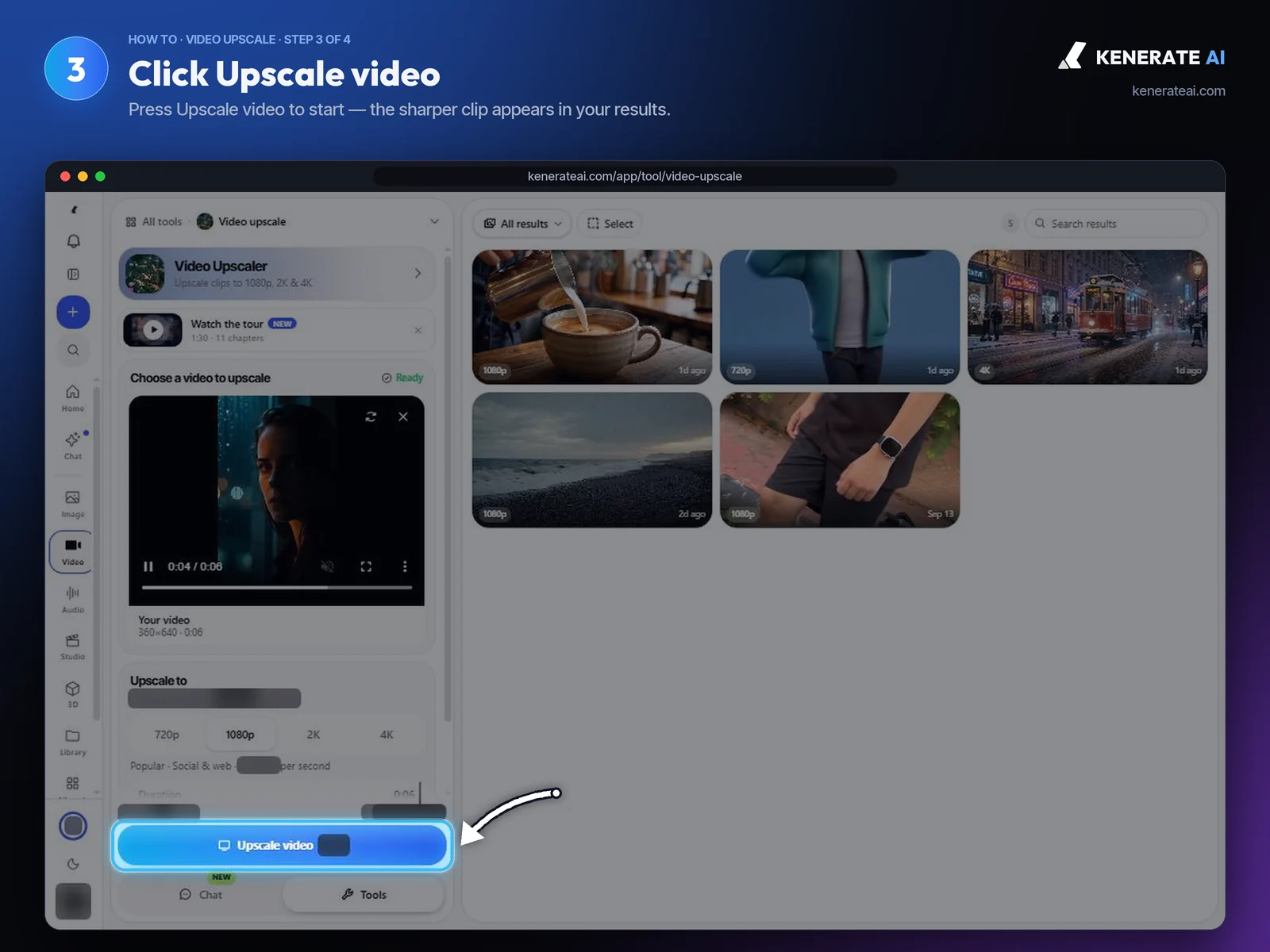 Kenerate AI Upscale video button