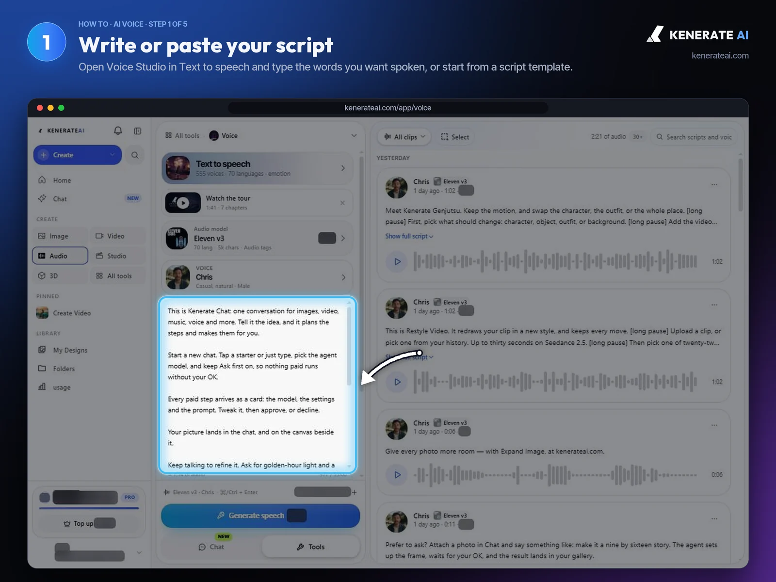 Kenerate AI Voice Studio text to speech script box with a narration script typed in