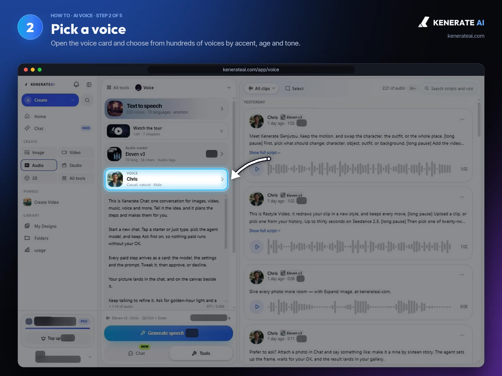 Kenerate AI Voice Studio voice card showing the selected voice Chris, casual and natural