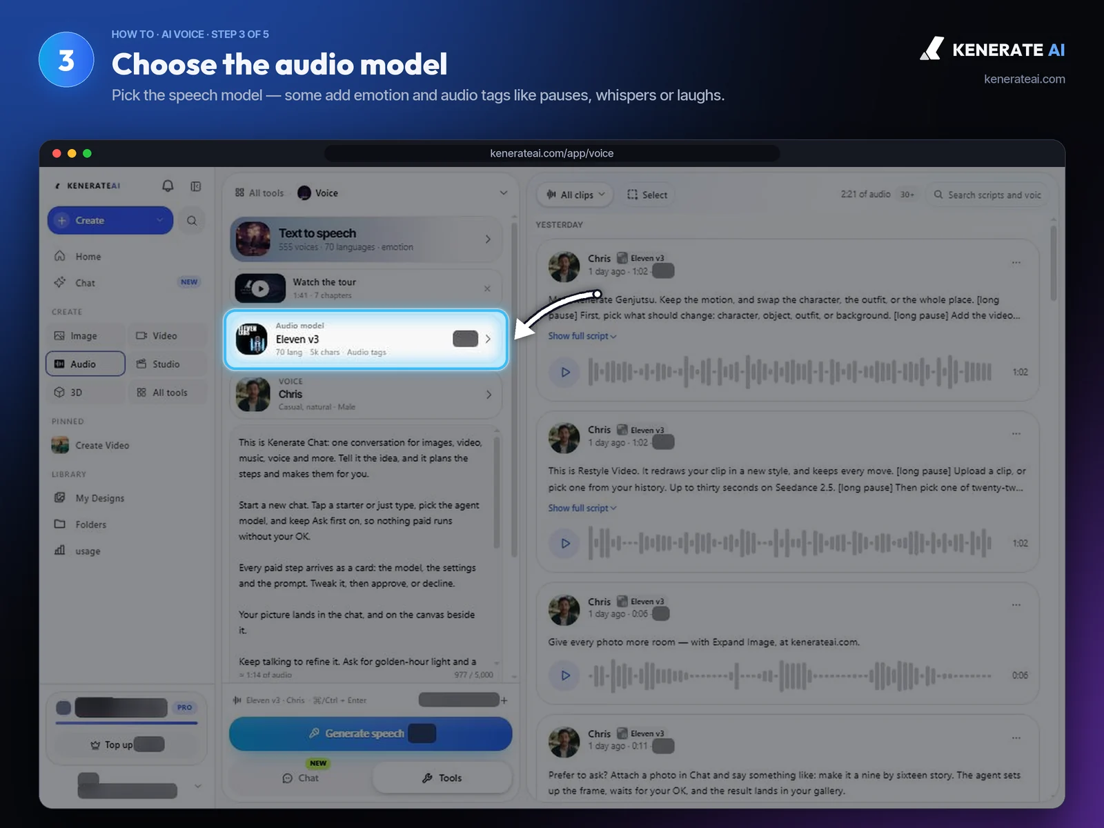 Kenerate AI Voice Studio audio model card showing Eleven v3 with 70 languages and audio tags