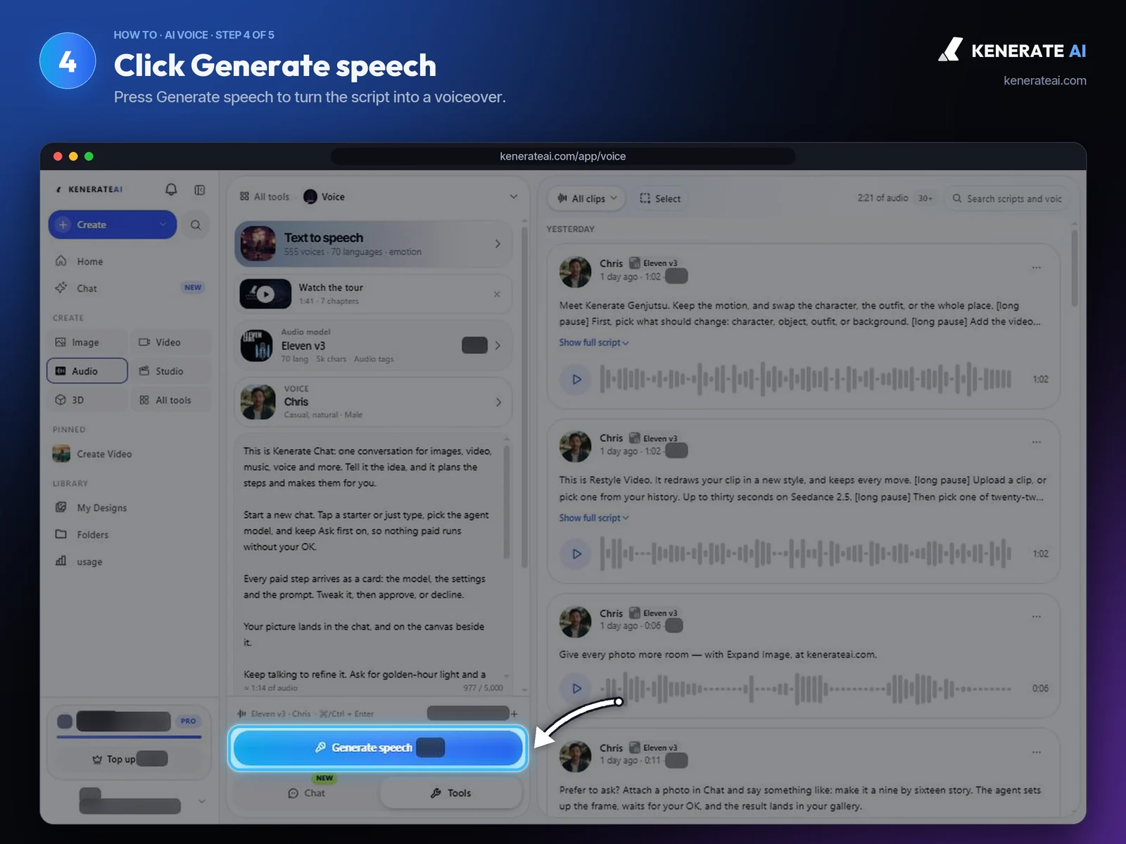 Kenerate AI Voice Studio Generate speech button