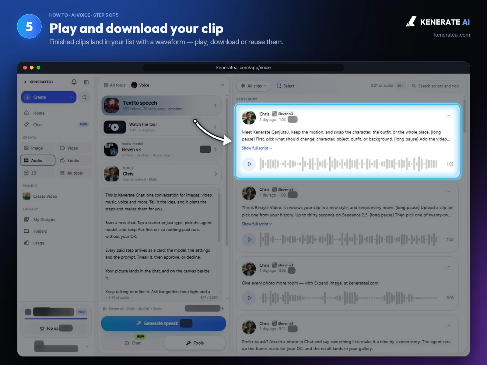 Kenerate AI Voice Studio list of finished voice clips with waveforms and play buttons